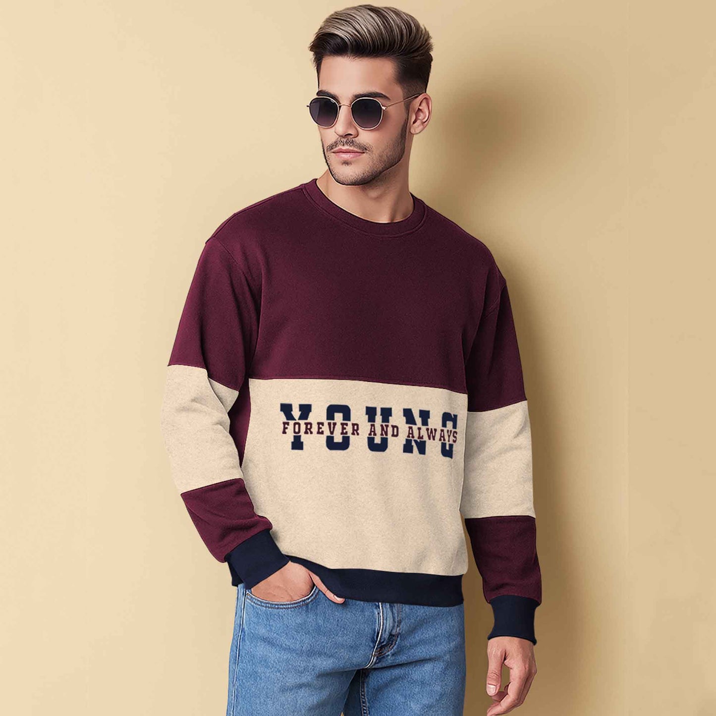 Trendy Round Neck Colorblock YOUNG Printed Maroon & Beige Sweatshirt