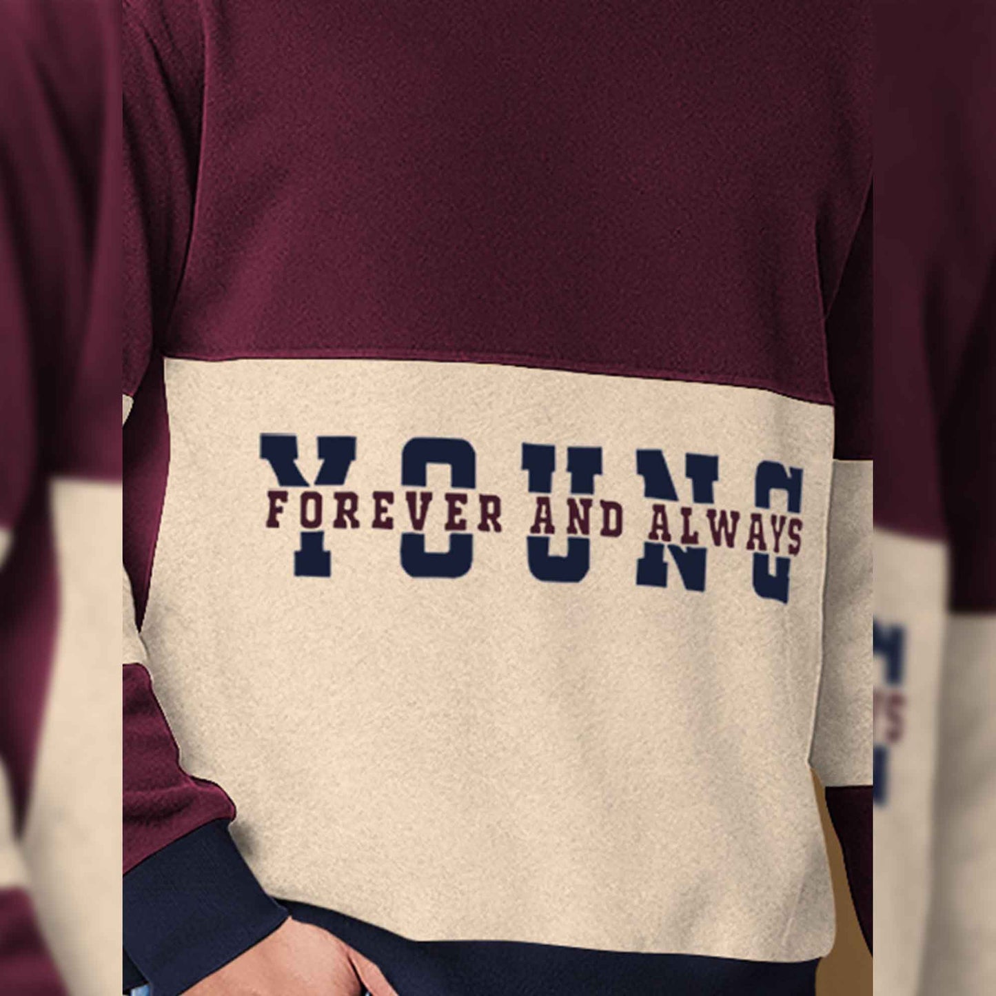 Trendy Round Neck Colorblock YOUNG Printed Maroon & Beige Sweatshirt