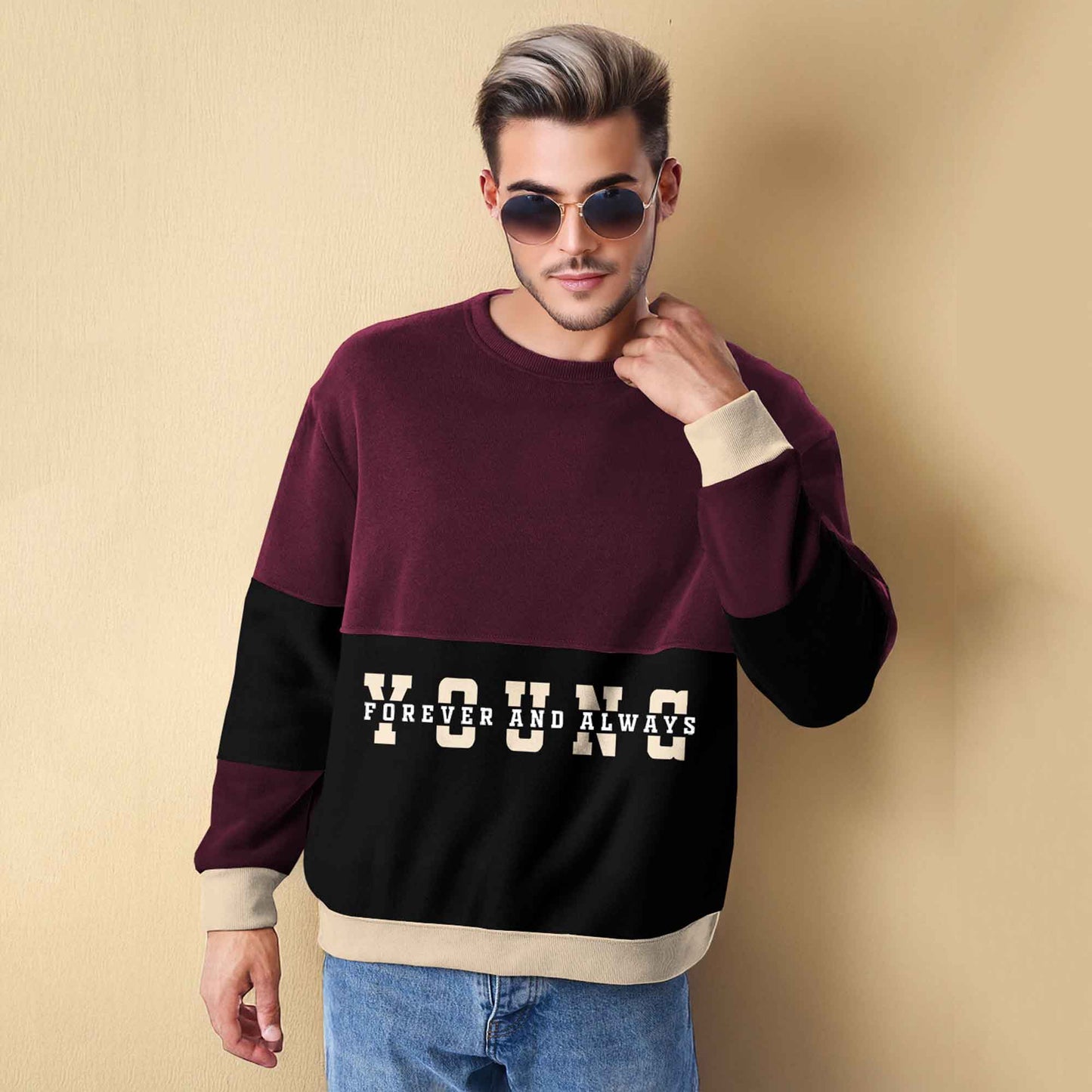 Trendy Round Neck Colorblock YOUNG Printed Maroon & Black Sweatshirt