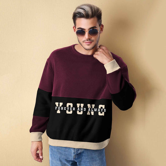 Trendy Round Neck Colorblock YOUNG Printed Maroon & Black Sweatshirt