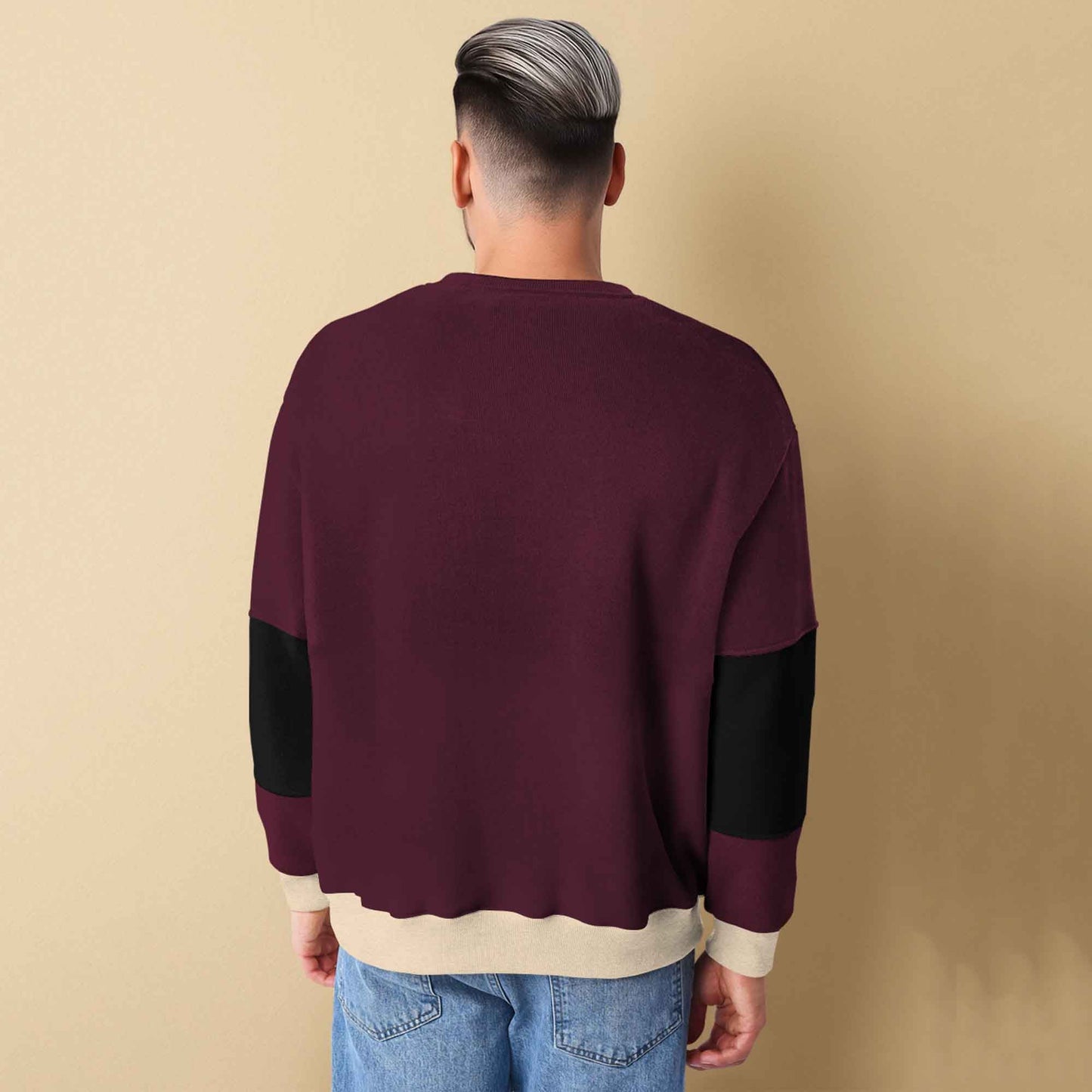Trendy Round Neck Colorblock YOUNG Printed Maroon & Black Sweatshirt
