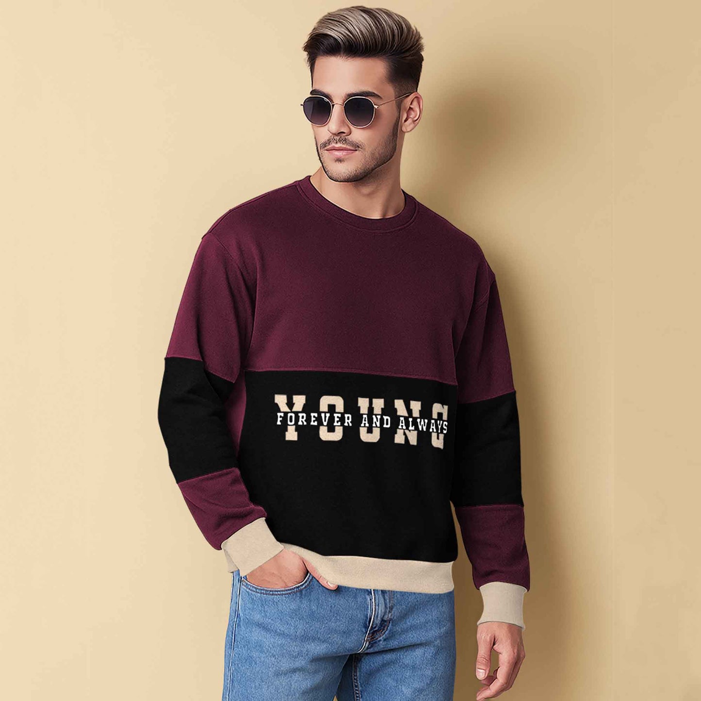 Trendy Round Neck Colorblock YOUNG Printed Maroon & Black Sweatshirt