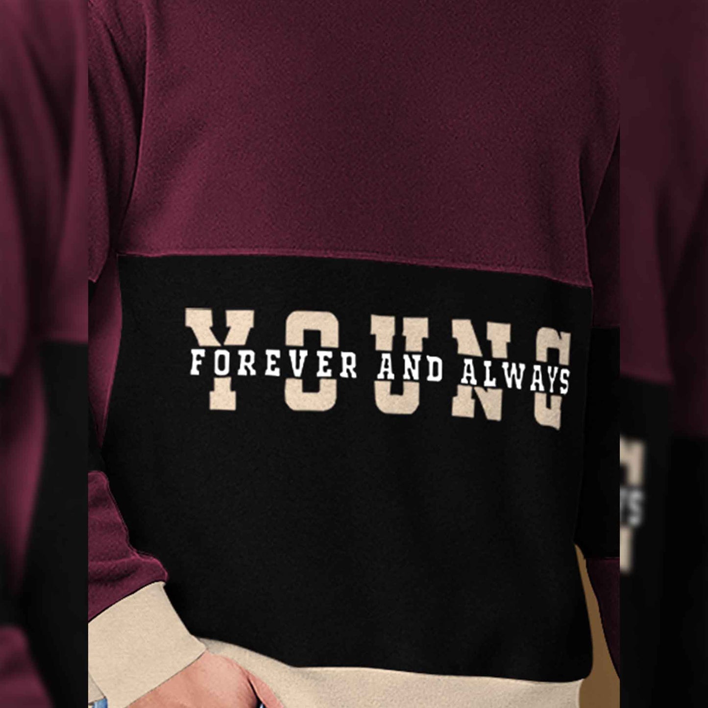 Trendy Round Neck Colorblock YOUNG Printed Maroon & Black Sweatshirt