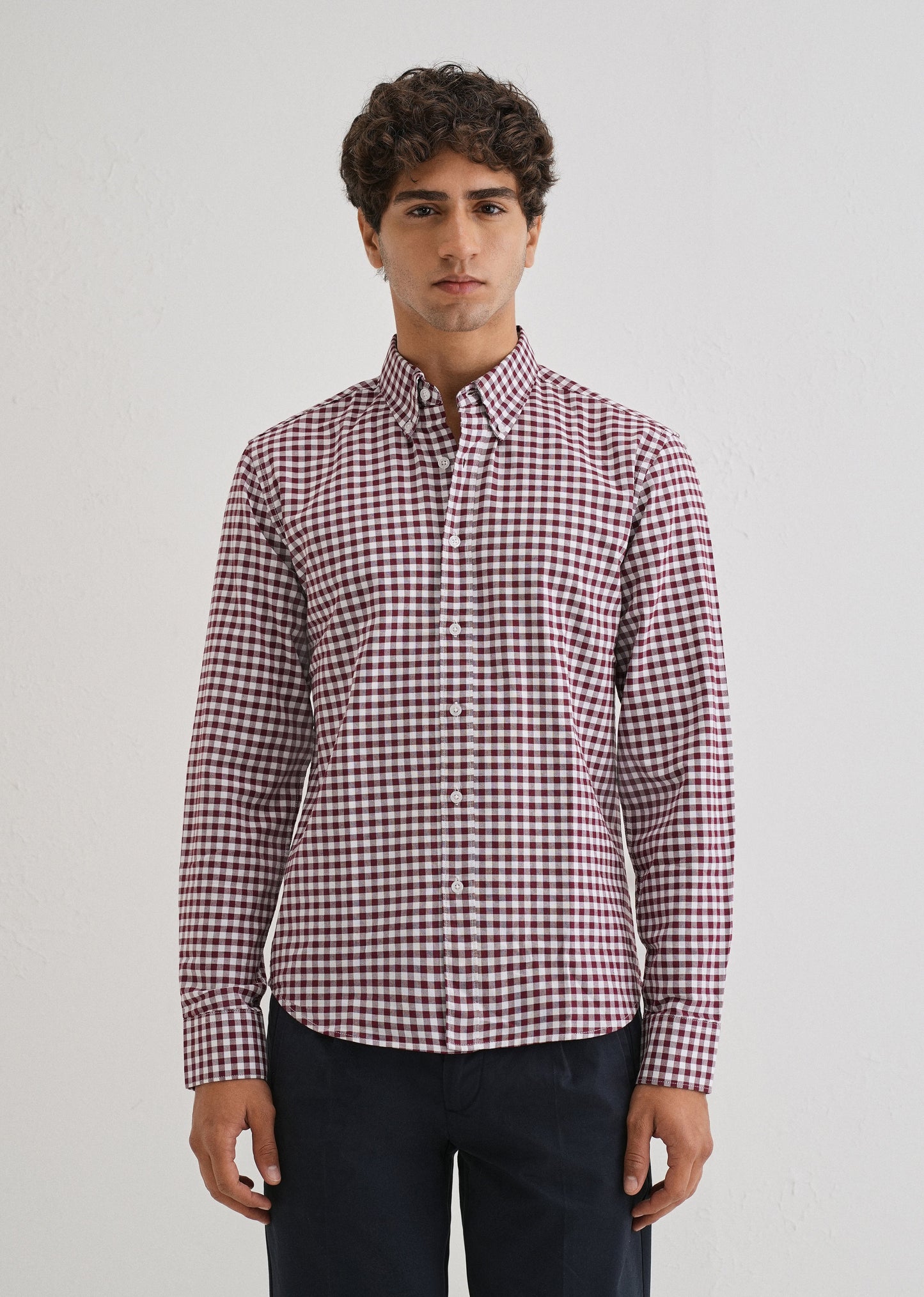 Maroon Gingham Check Cotton Oxford Shirt