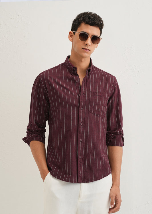 Maroon Striped Cotton Linen Shirt