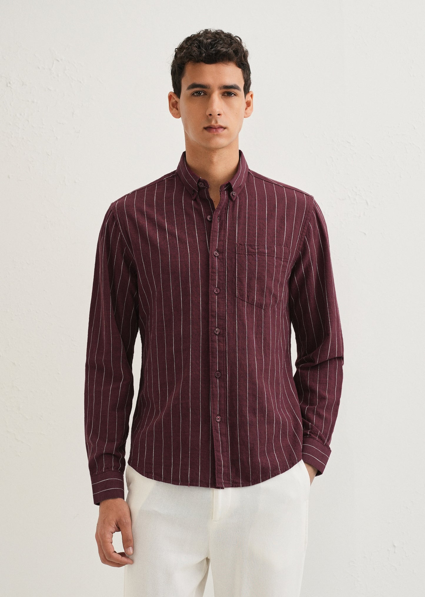 Maroon Striped Cotton Linen Shirt