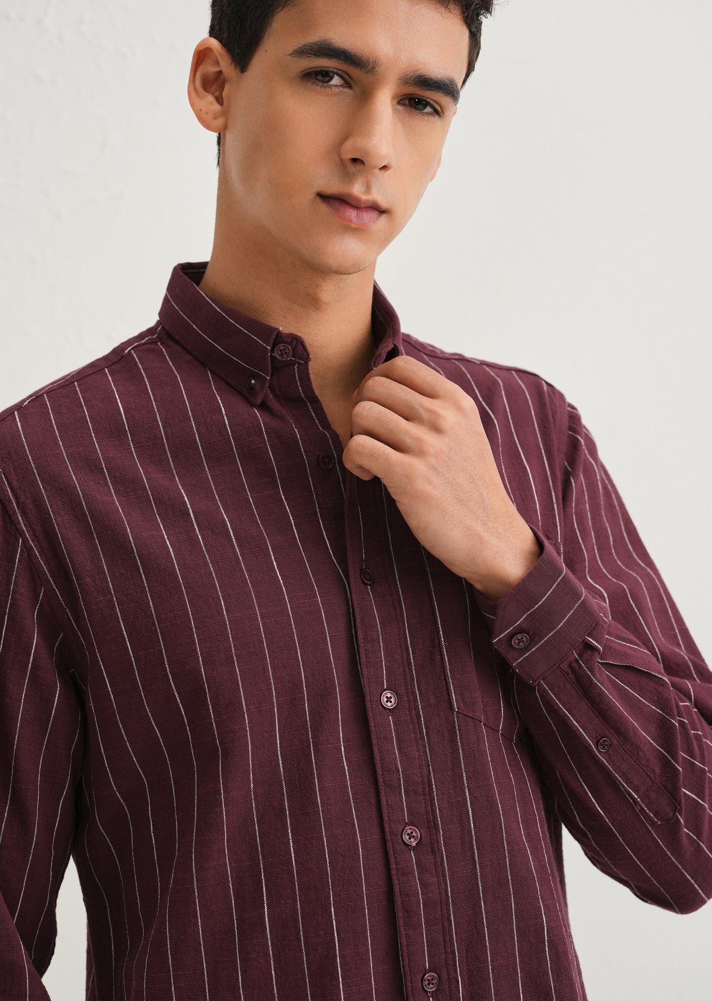 Maroon Striped Cotton Linen Shirt