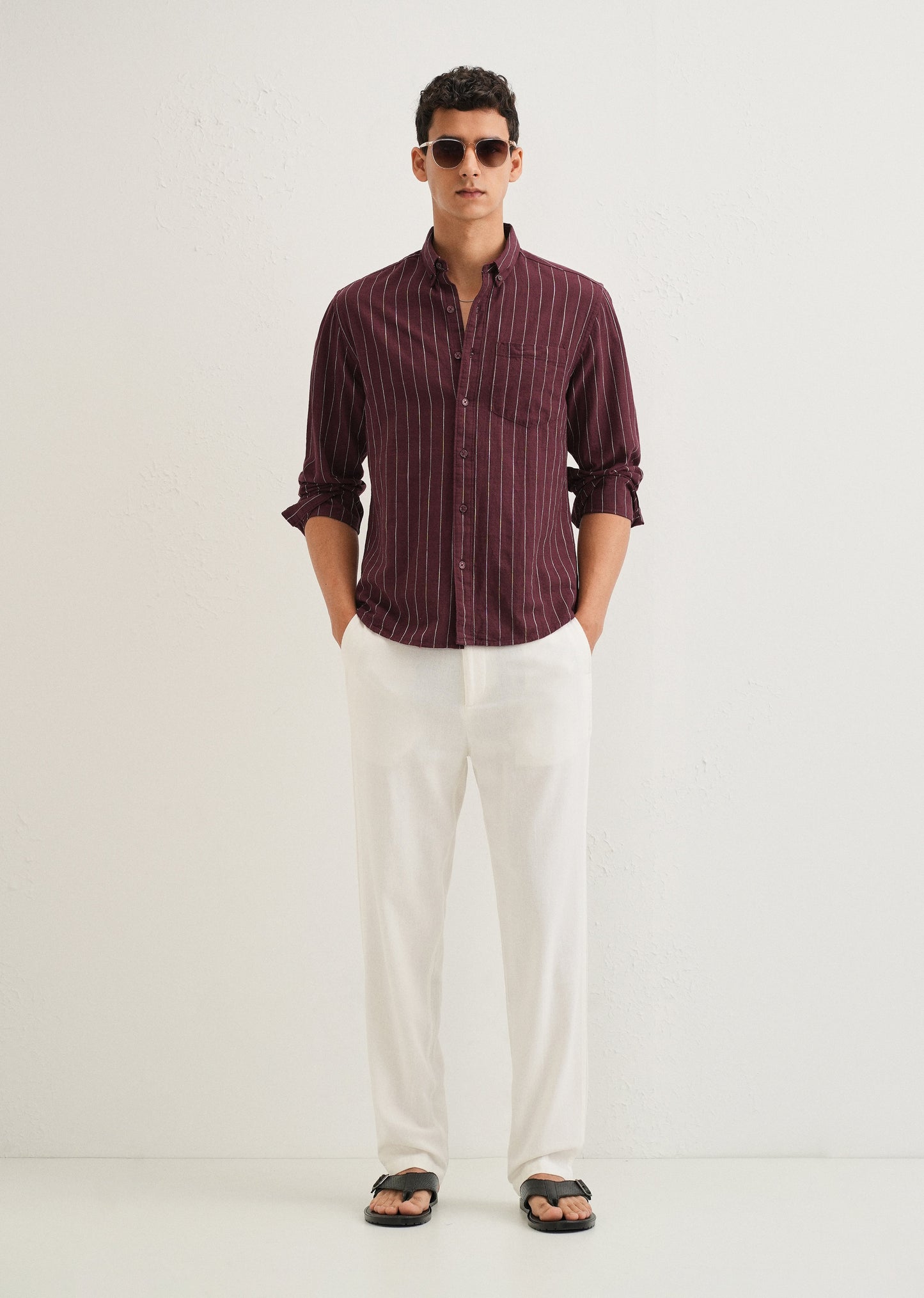 Maroon Striped Cotton Linen Shirt