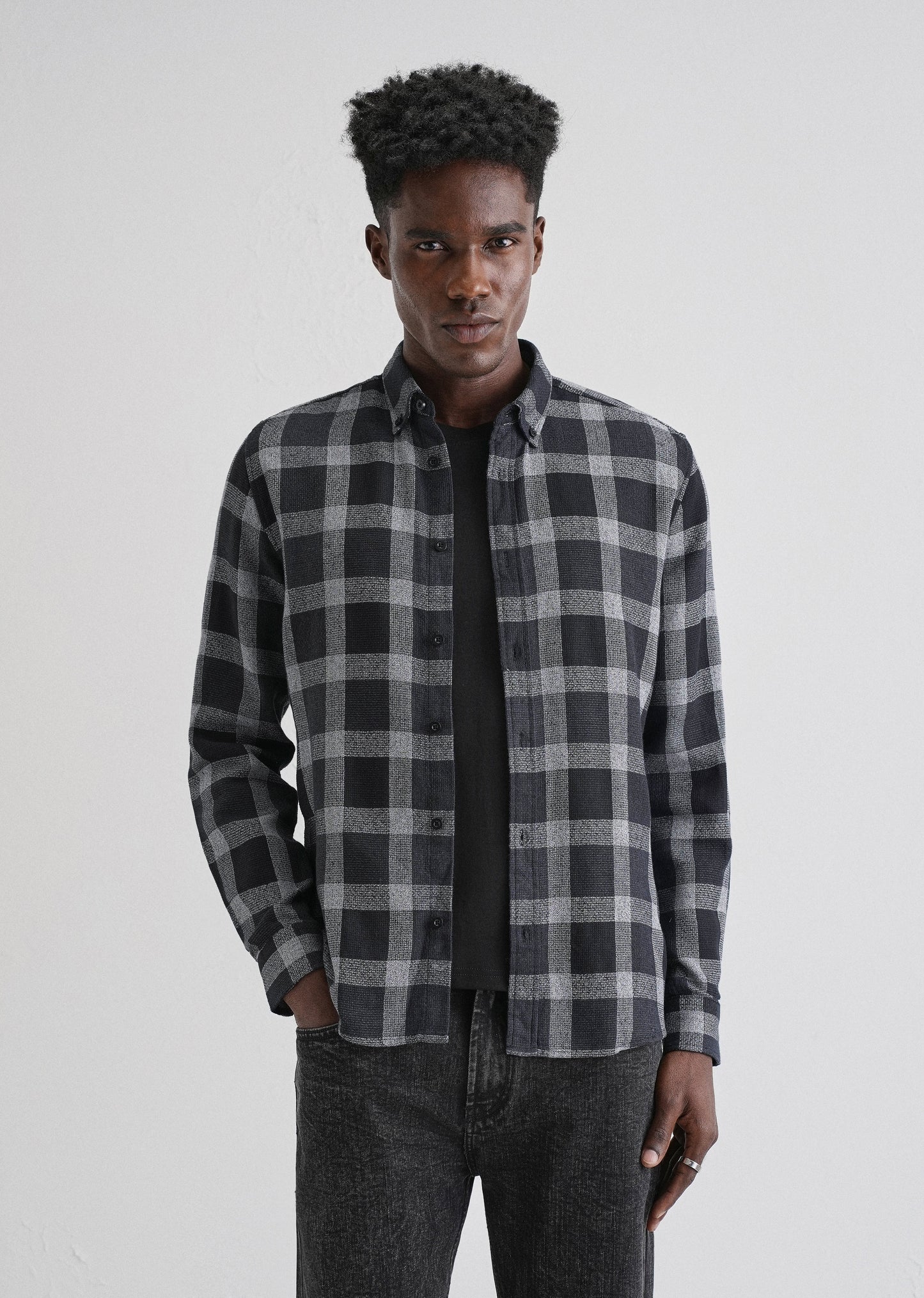 Melange Square Grid Black Check Shirt