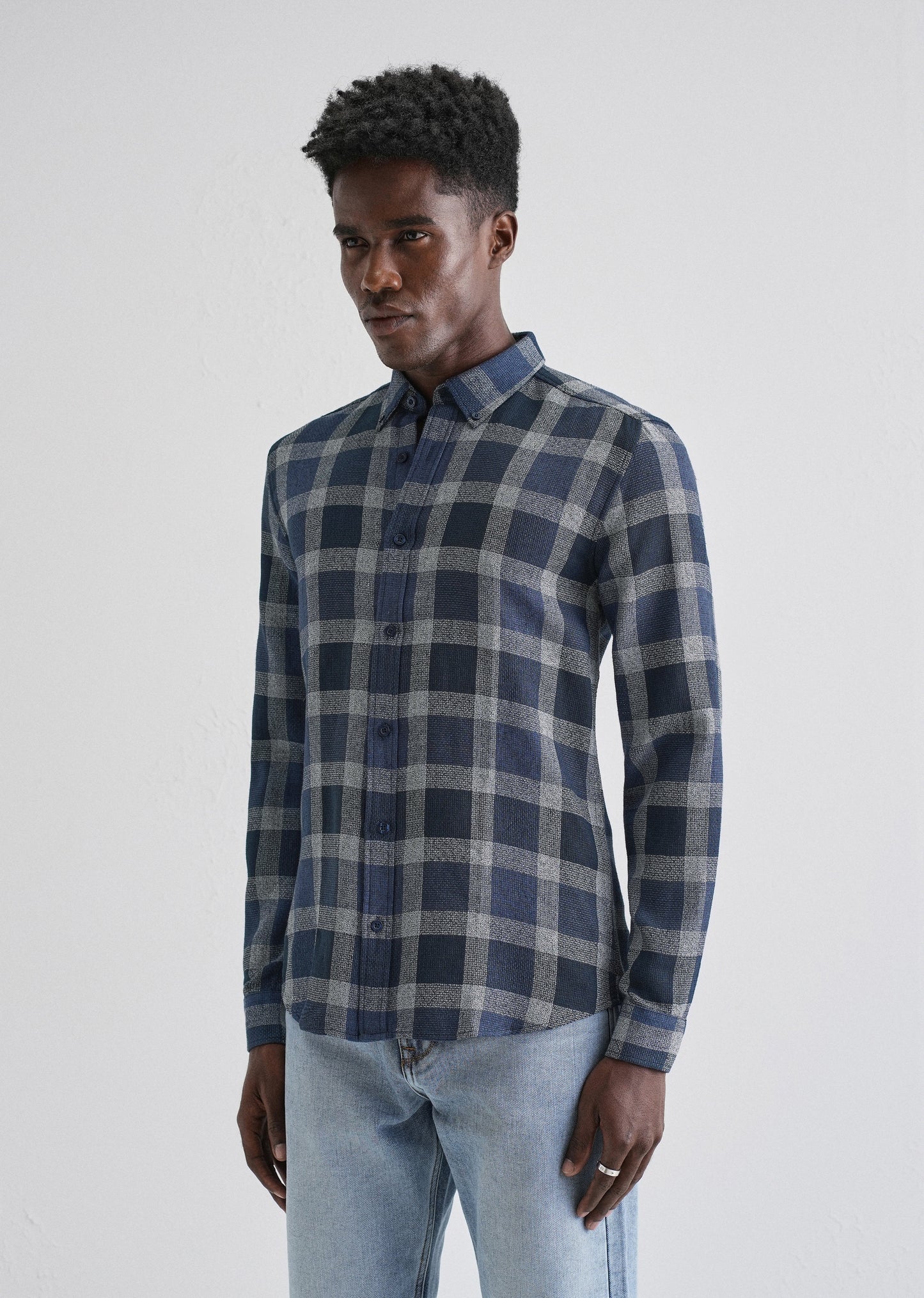 Melange Square Grid Blue Check Shirt