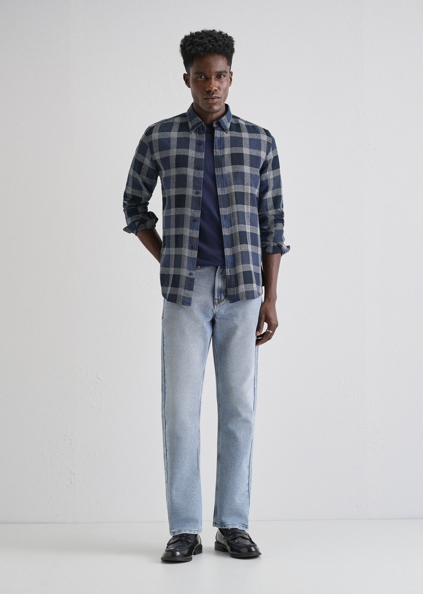 Melange Square Grid Blue Check Shirt