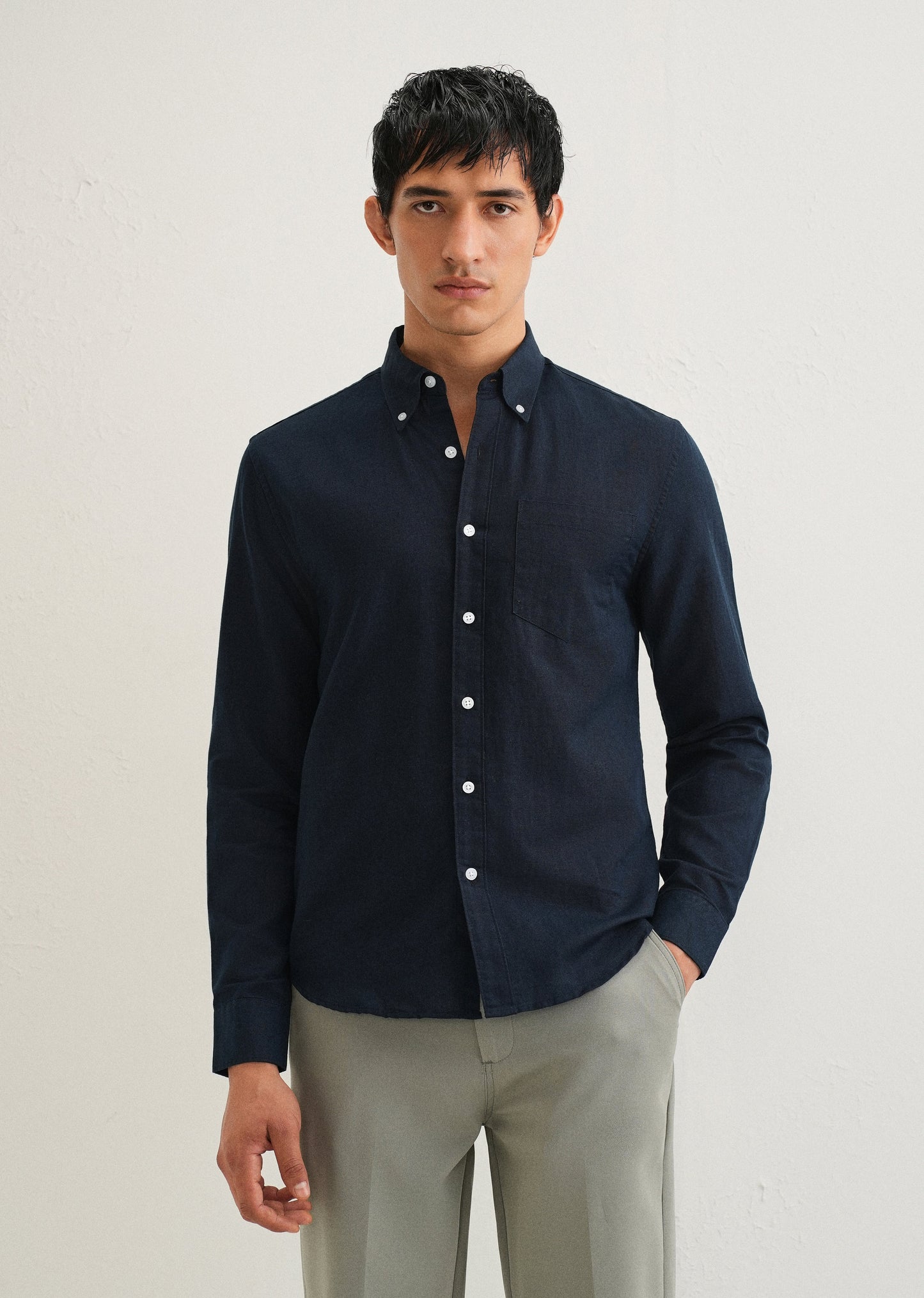 Midnight Navy Blue Cotton Linen Shirt