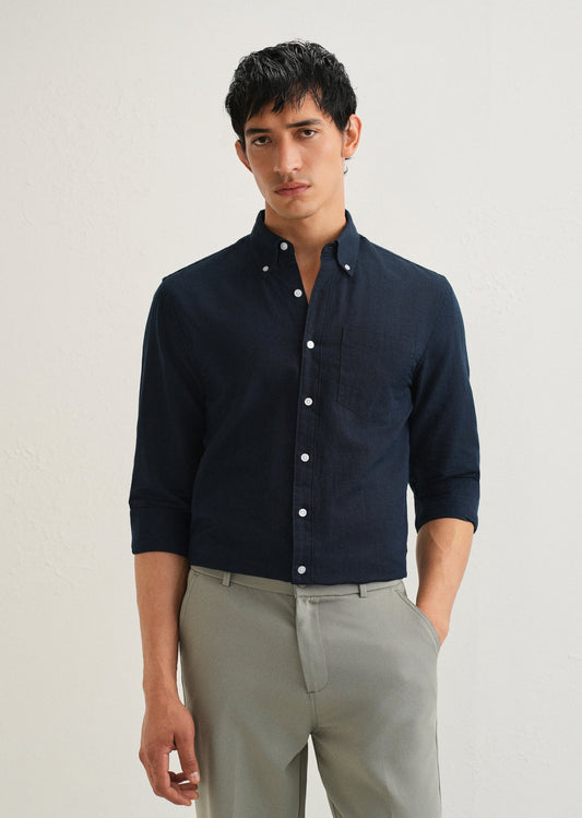 Midnight Navy Blue Cotton Linen Shirt