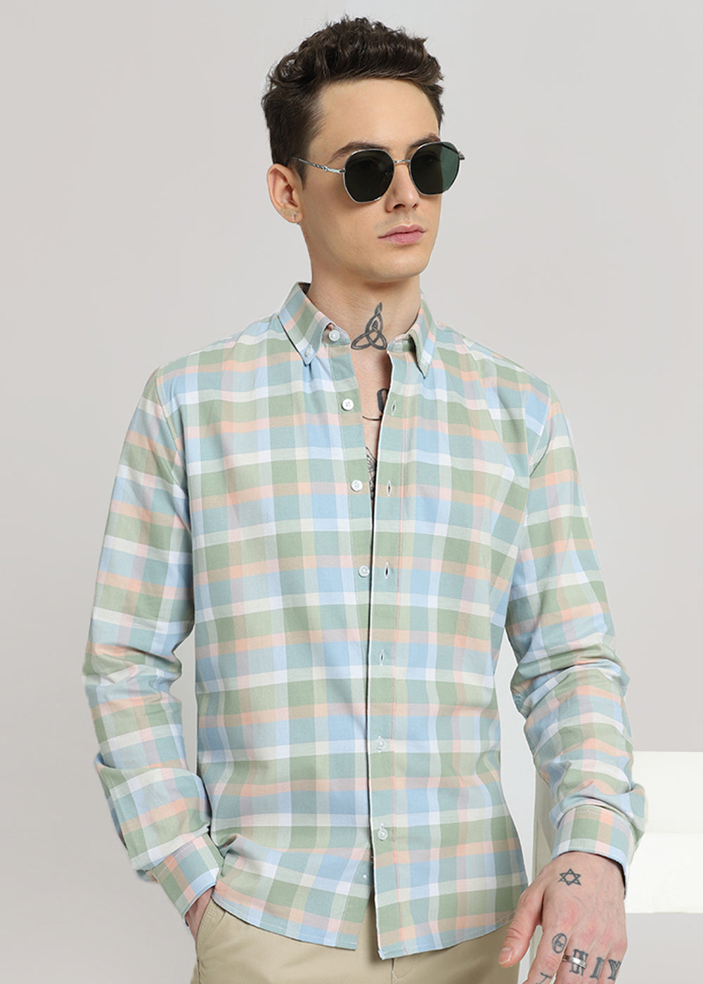 Multicolour Green Oxford Cotton Check Shirt