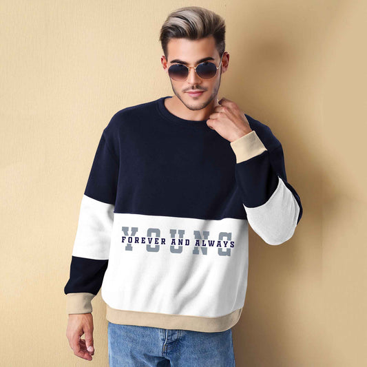 Trendy Round Neck Colorblock YOUNG Printed Navy & White Sweatshirt
