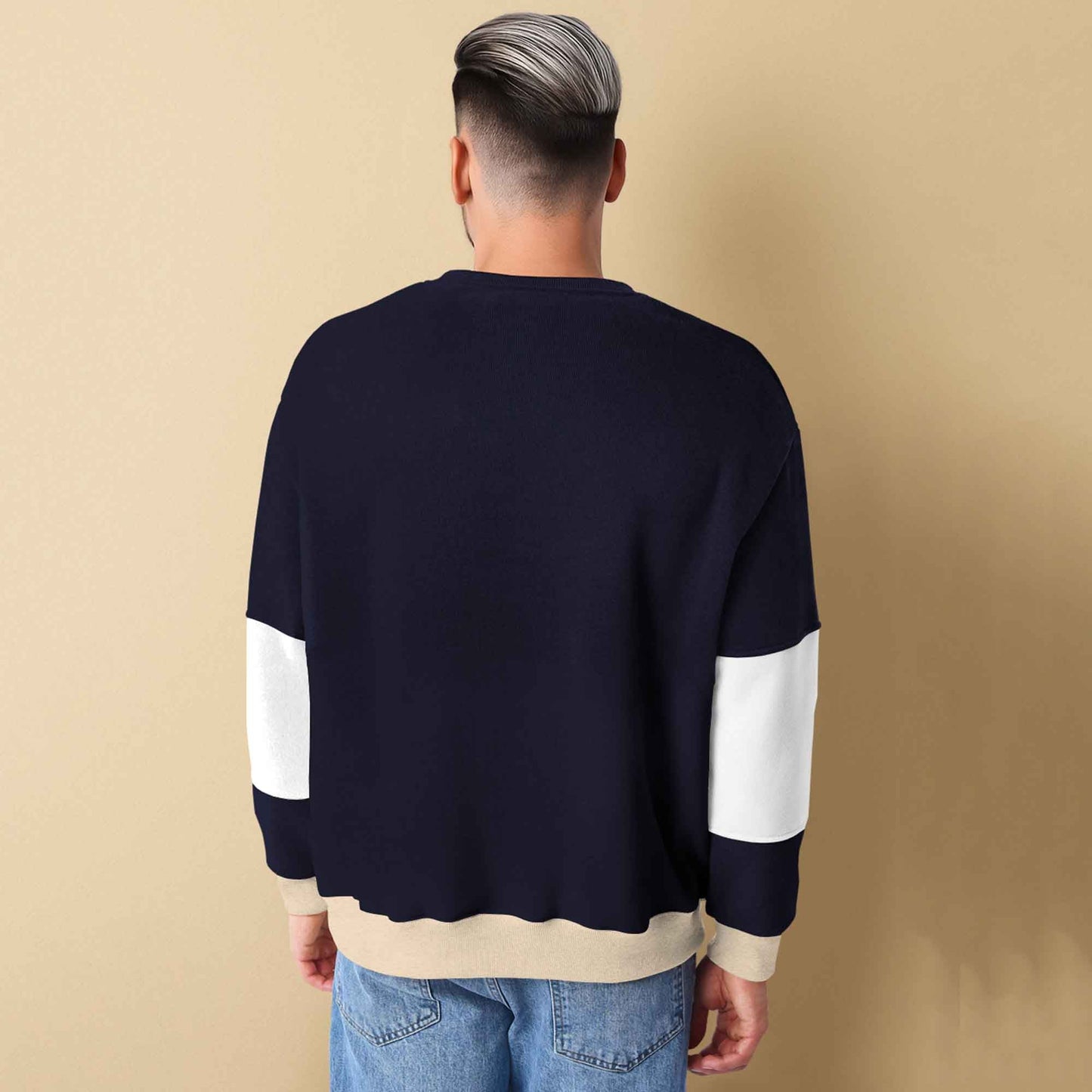 Trendy Round Neck Colorblock YOUNG Printed Navy & White Sweatshirt