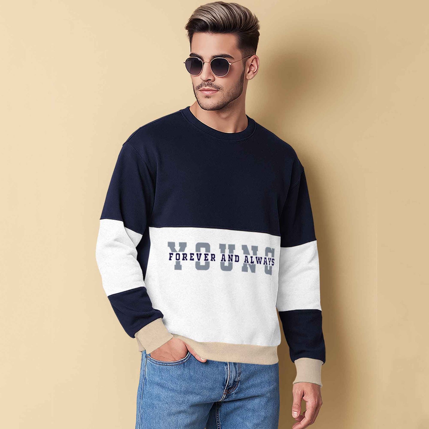 Trendy Round Neck Colorblock YOUNG Printed Navy & White Sweatshirt