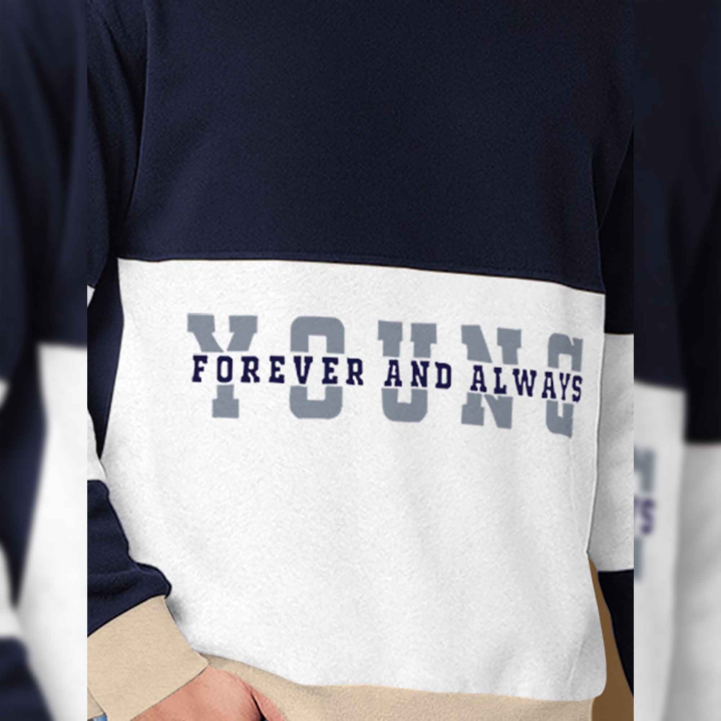 Trendy Round Neck Colorblock YOUNG Printed Navy & White Sweatshirt