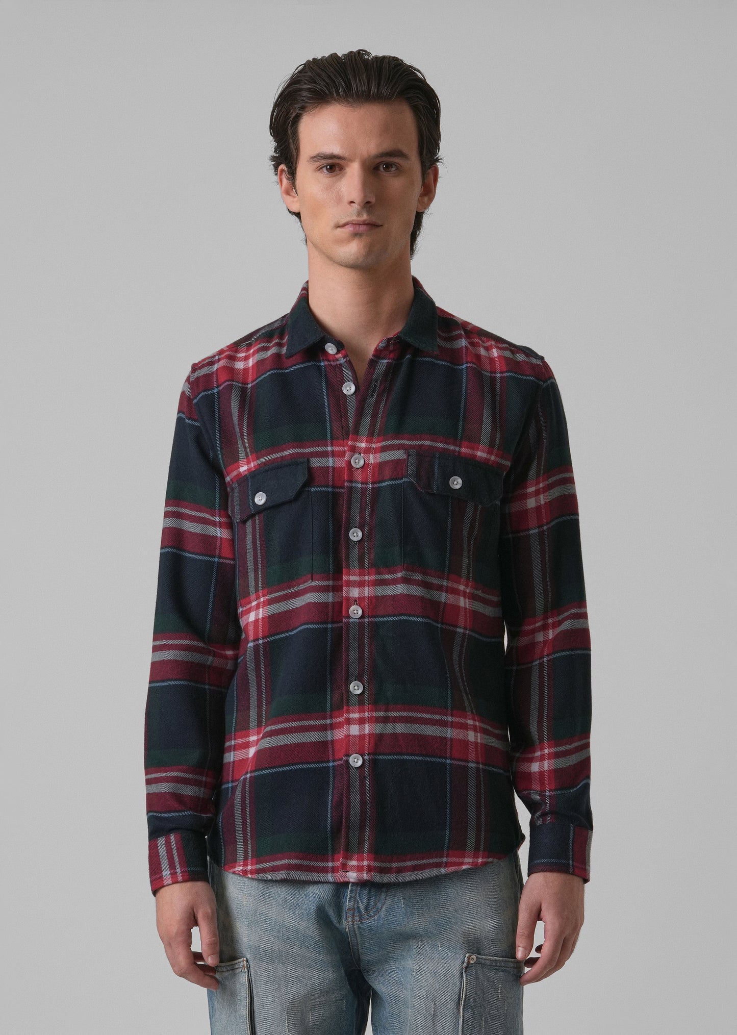 Navy Blue Brushed Cotton Check Shirt