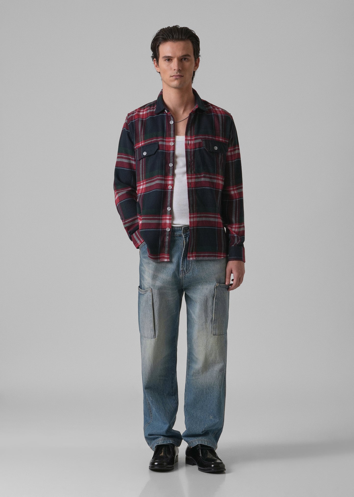 Navy Blue Brushed Cotton Check Shirt