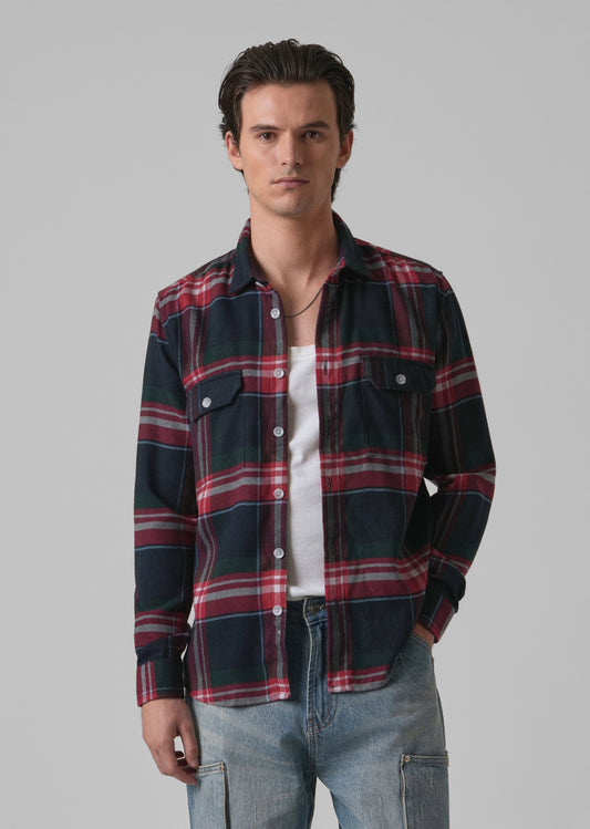 Navy Blue Brushed Cotton Check Shirt