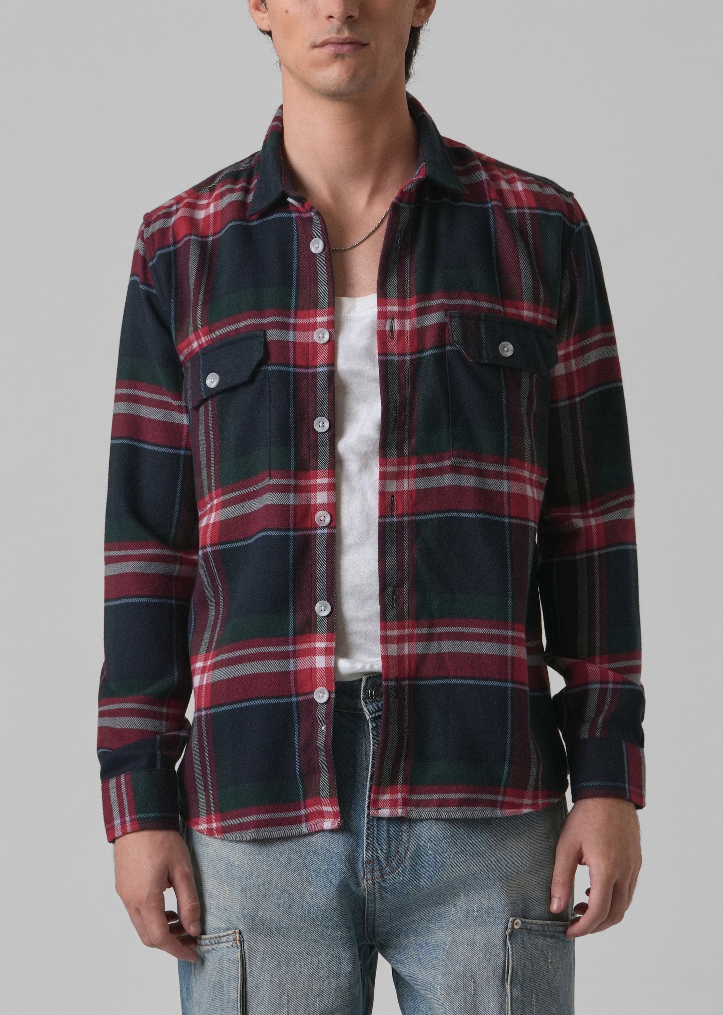 Navy Blue Brushed Cotton Check Shirt