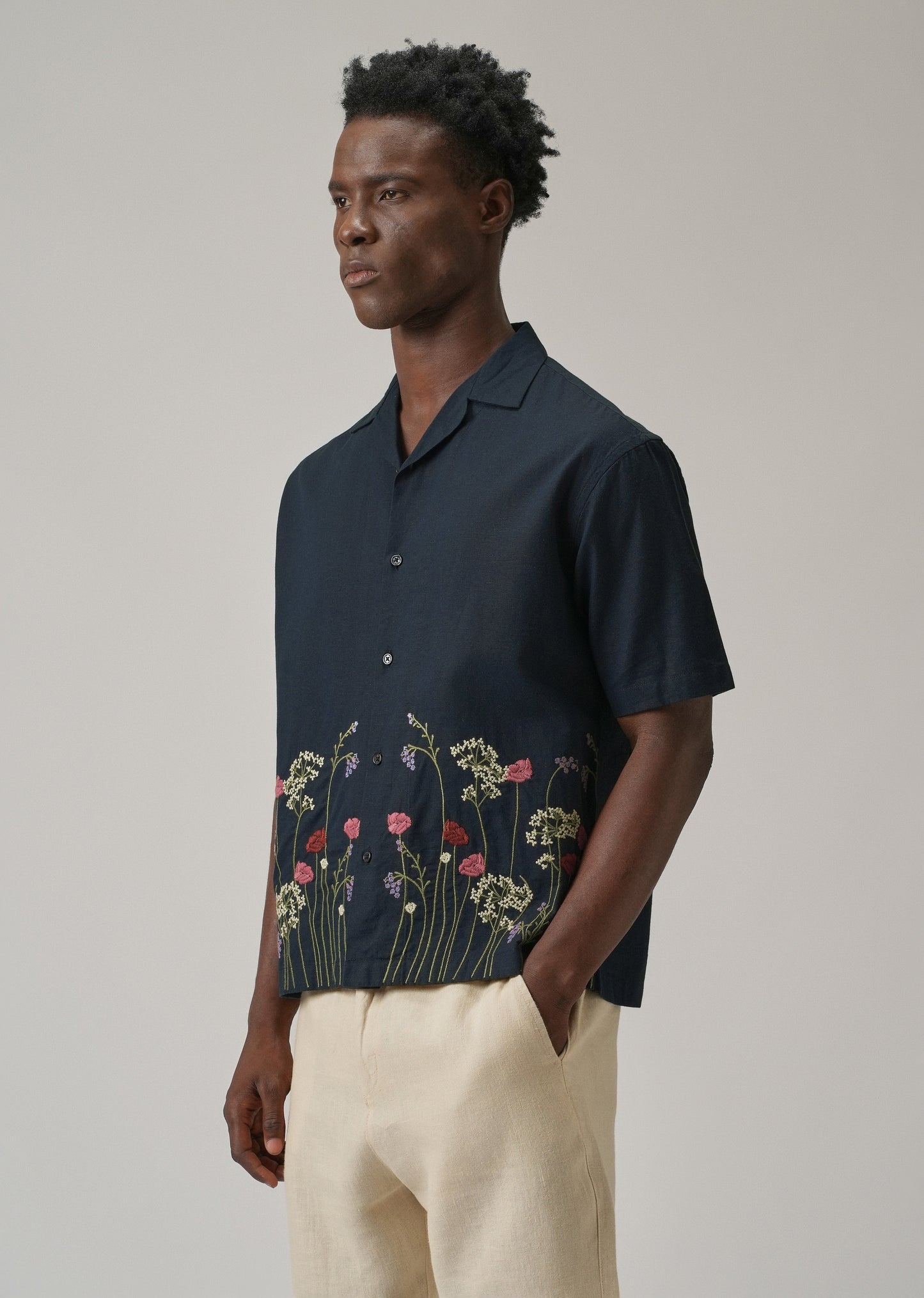 Navy Blue Floral Embroidery Linen Shirt