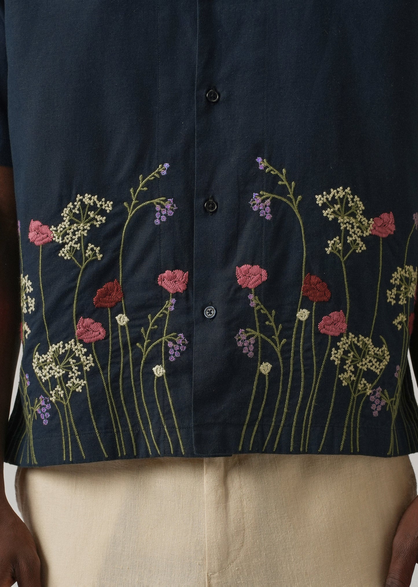 Navy Blue Floral Embroidery Linen Shirt