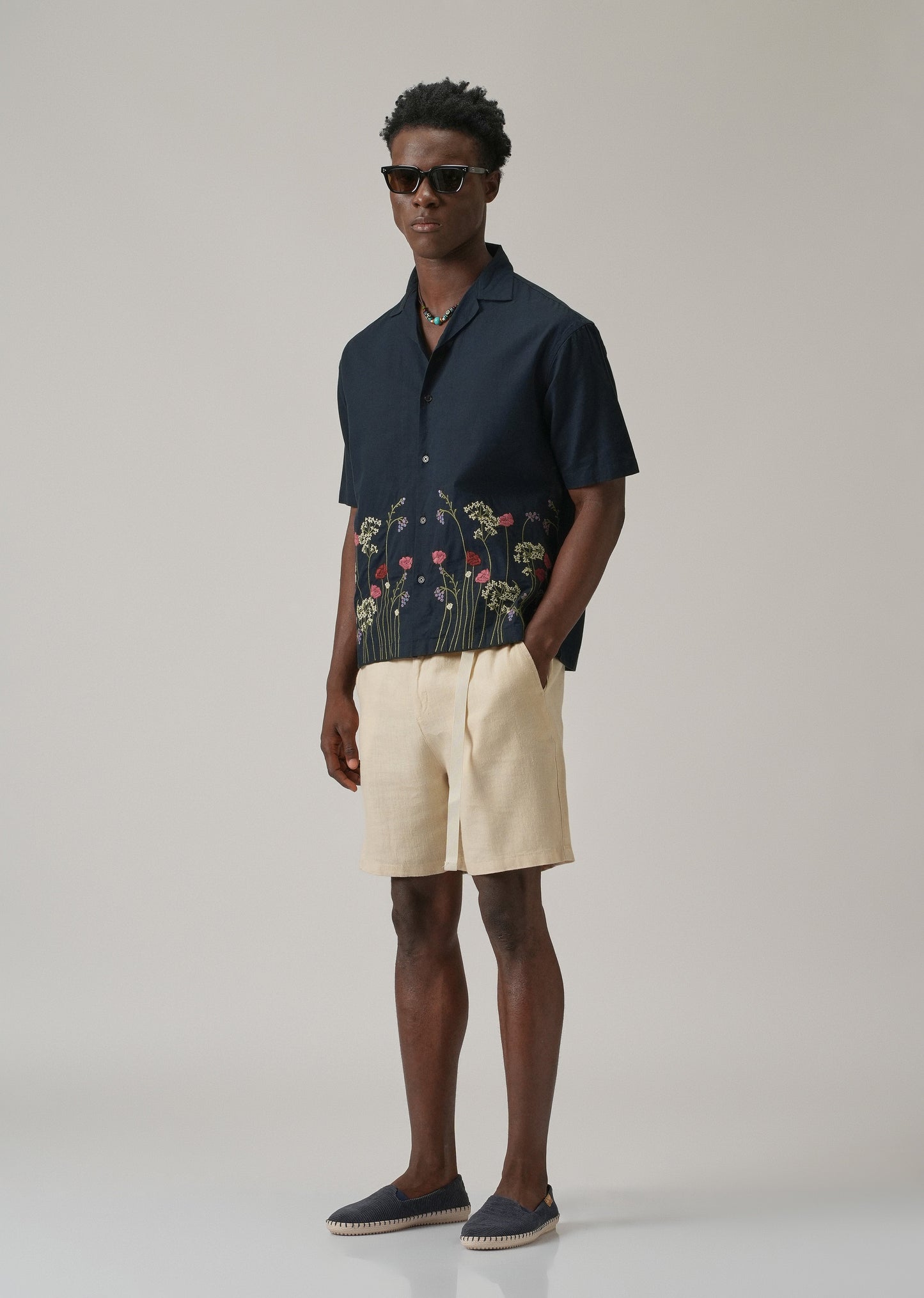 Navy Blue Floral Embroidery Linen Shirt