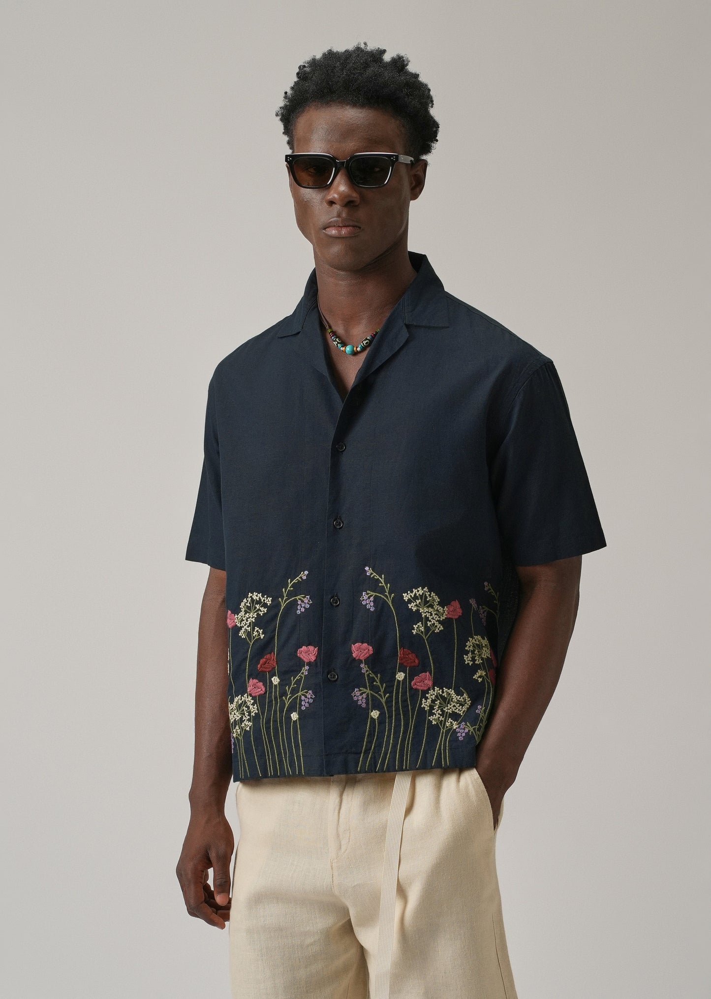 Navy Blue Floral Embroidery Linen Shirt
