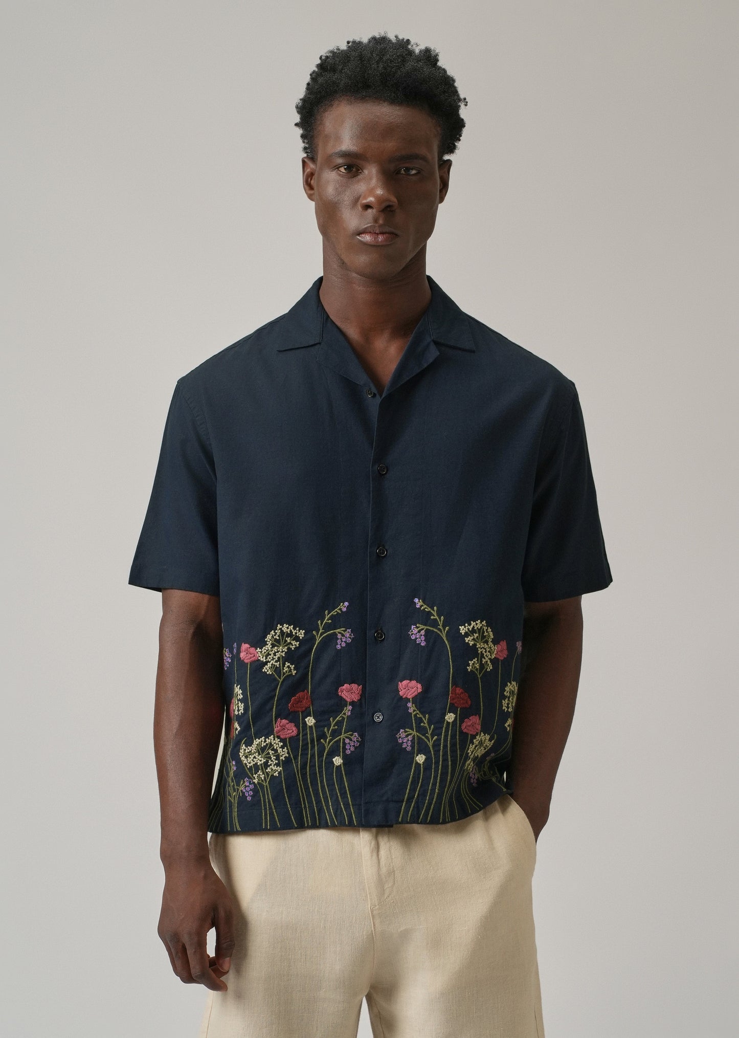 Navy Blue Floral Embroidery Linen Shirt