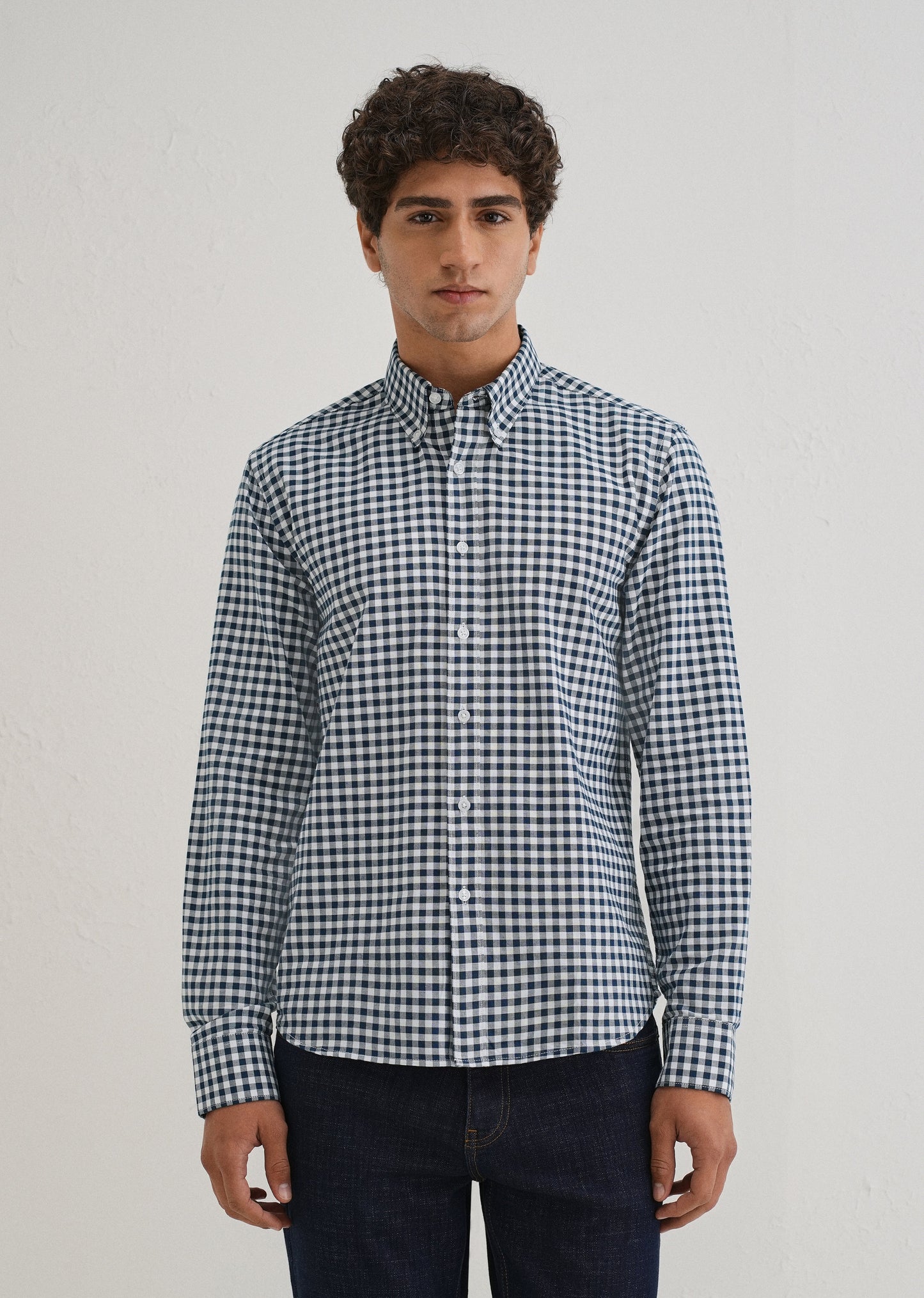Navy Blue Gingham Check Cotton Oxford Shirt
