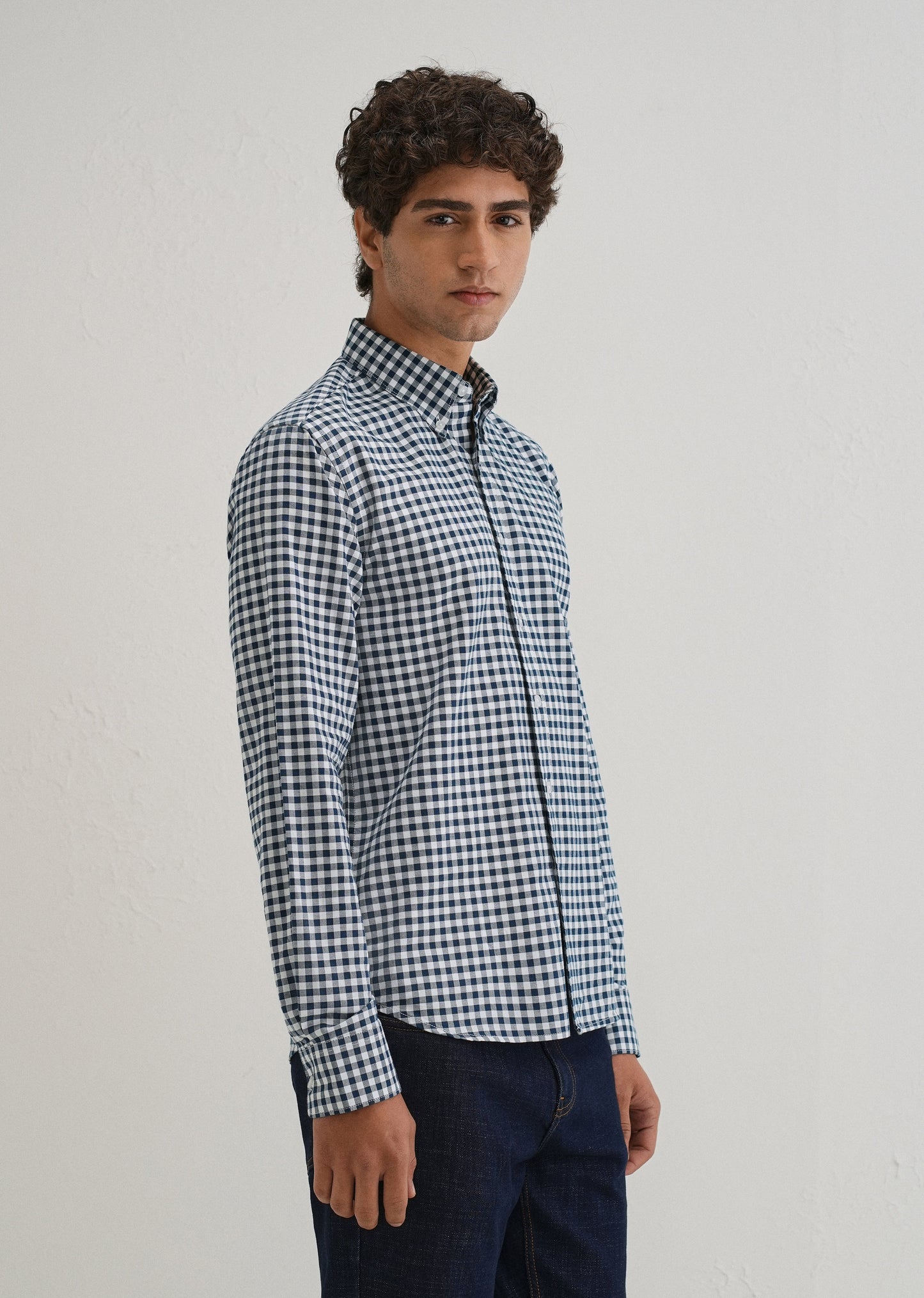 Navy Blue Gingham Check Cotton Oxford Shirt