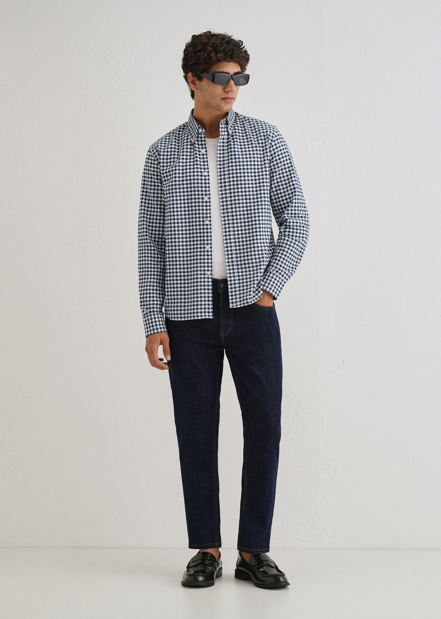 Navy Blue Gingham Check Cotton Oxford Shirt