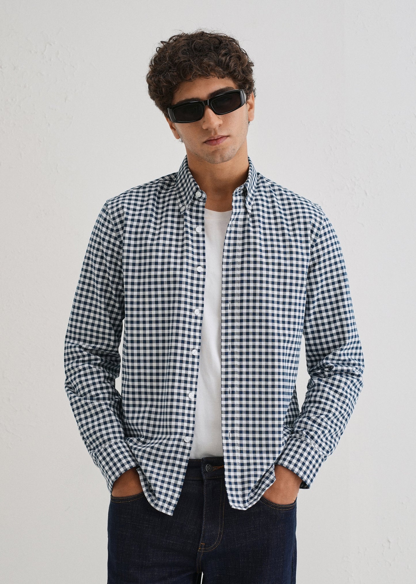 Navy Blue Gingham Check Cotton Oxford Shirt