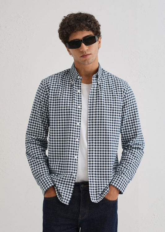 Navy Blue Gingham Check Cotton Oxford Shirt