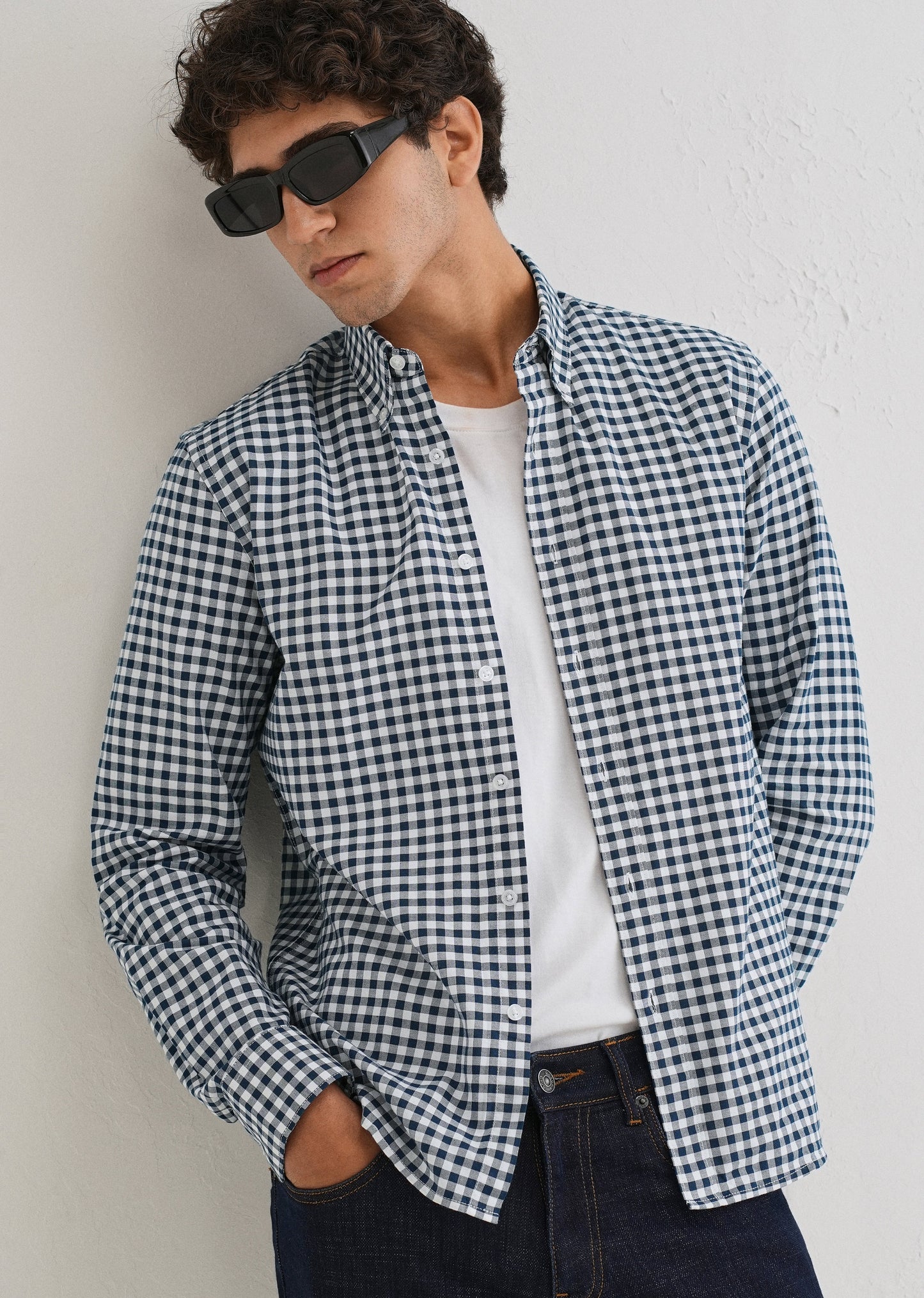 Navy Blue Gingham Check Cotton Oxford Shirt