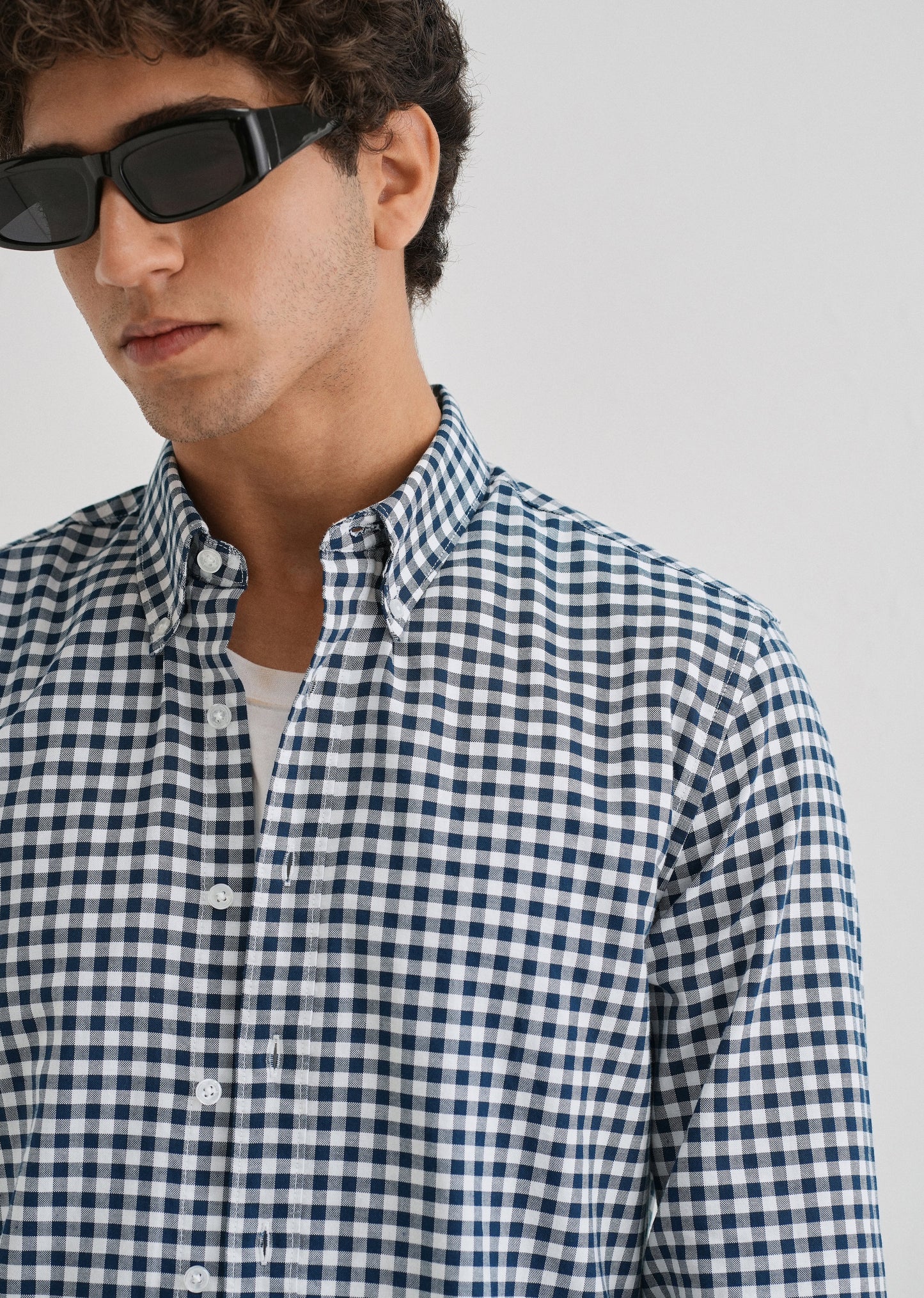 Navy Blue Gingham Check Cotton Oxford Shirt