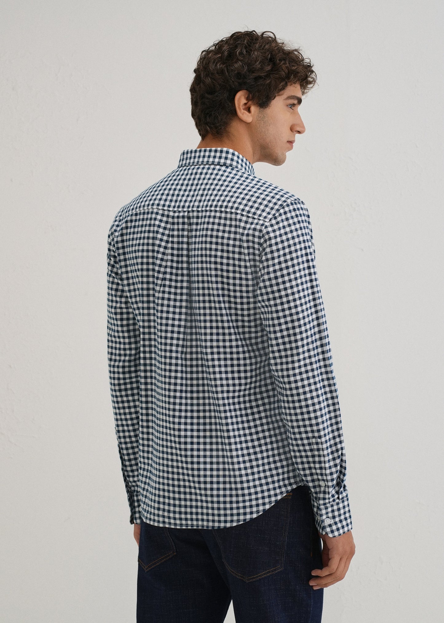 Navy Blue Gingham Check Cotton Oxford Shirt