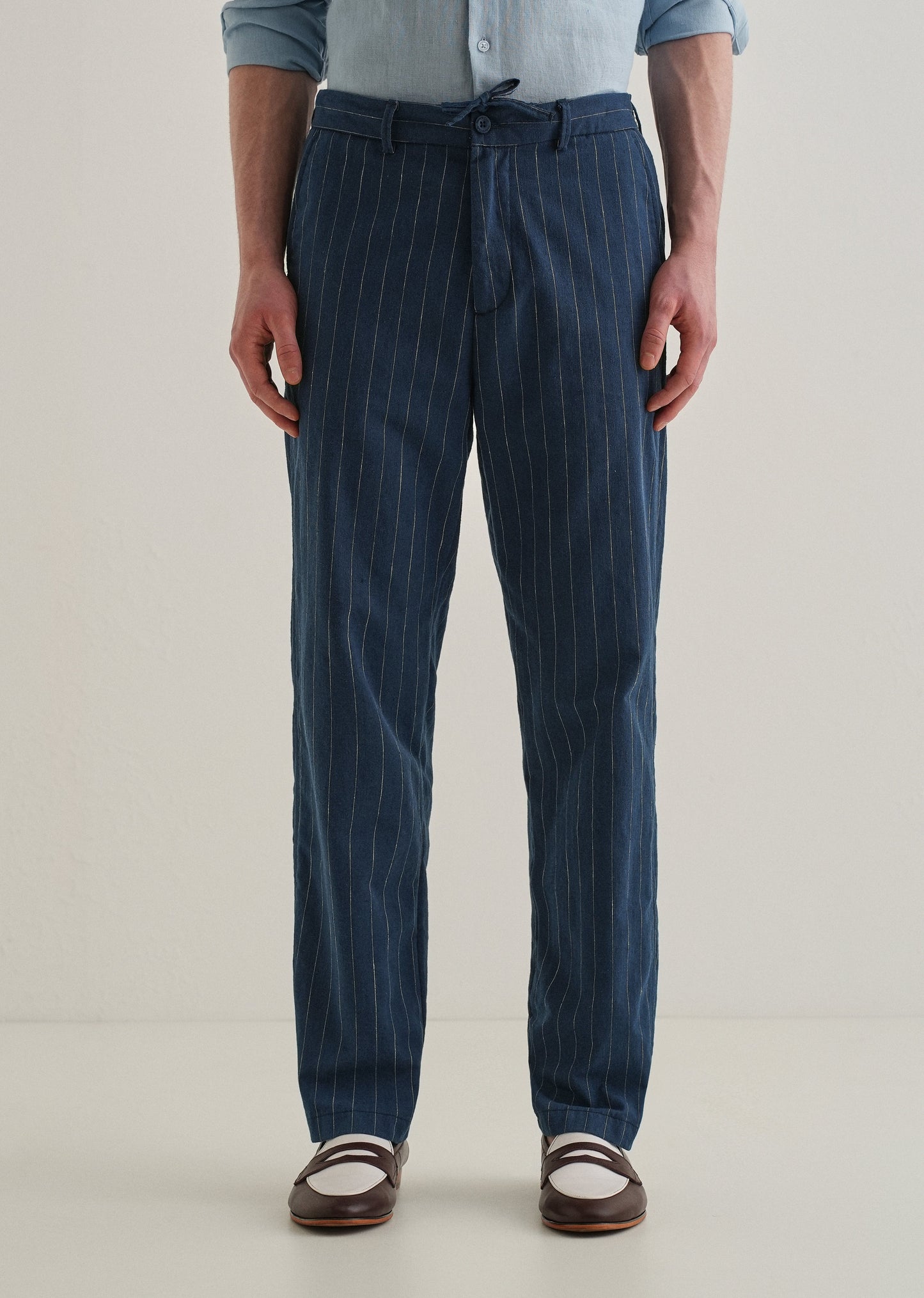 Navy Blue Stripe Relaxed Linen Trouser