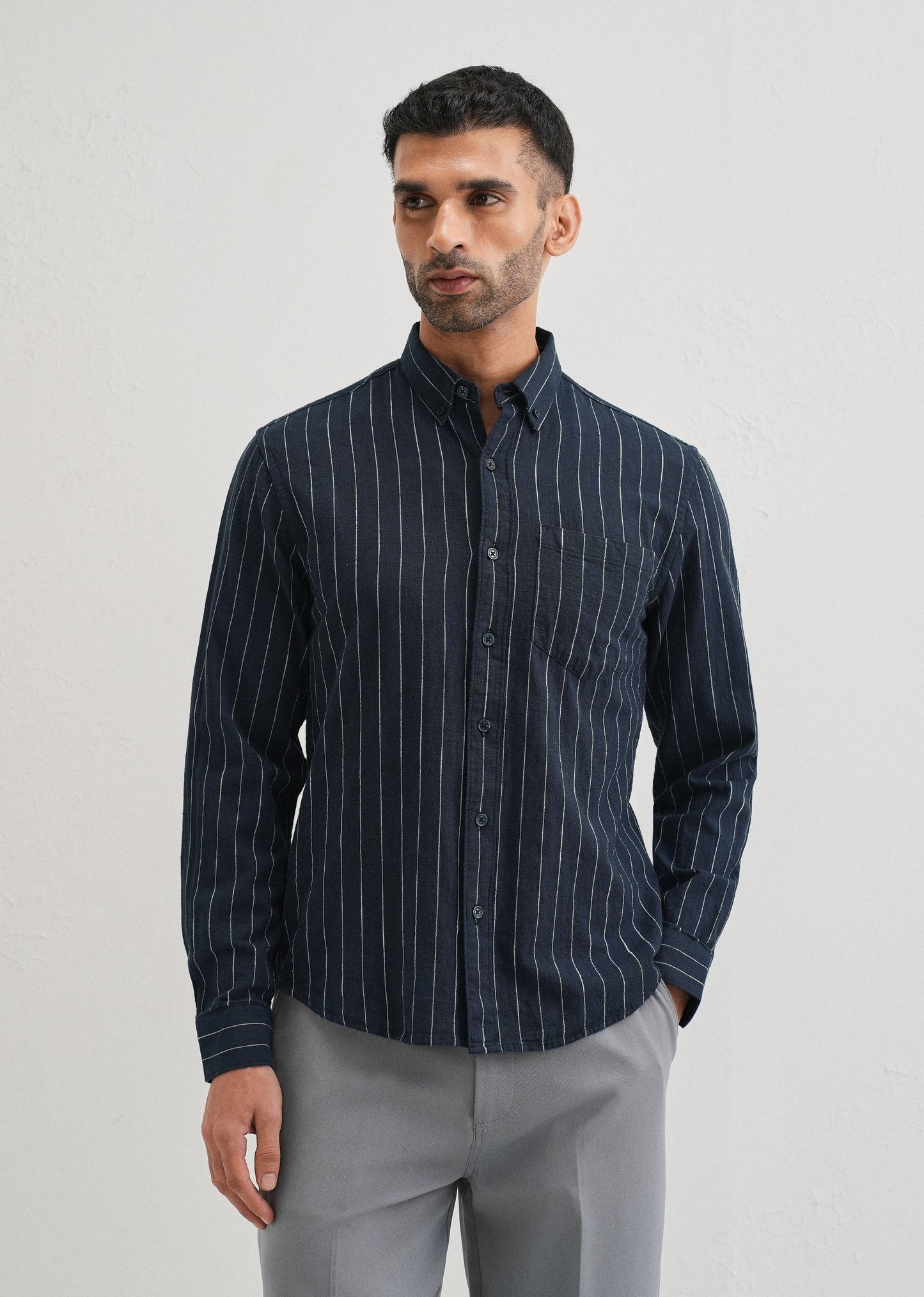 Navy Blue Striped Cotton Linen Shirt