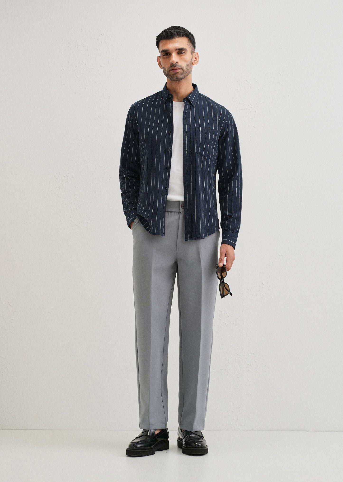 Navy Blue Striped Cotton Linen Shirt