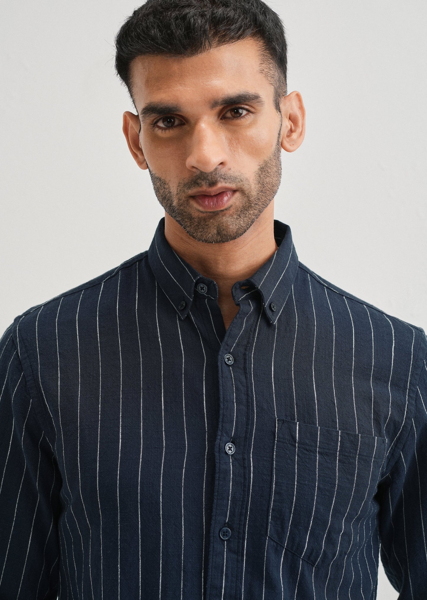 Navy Blue Striped Cotton Linen Shirt