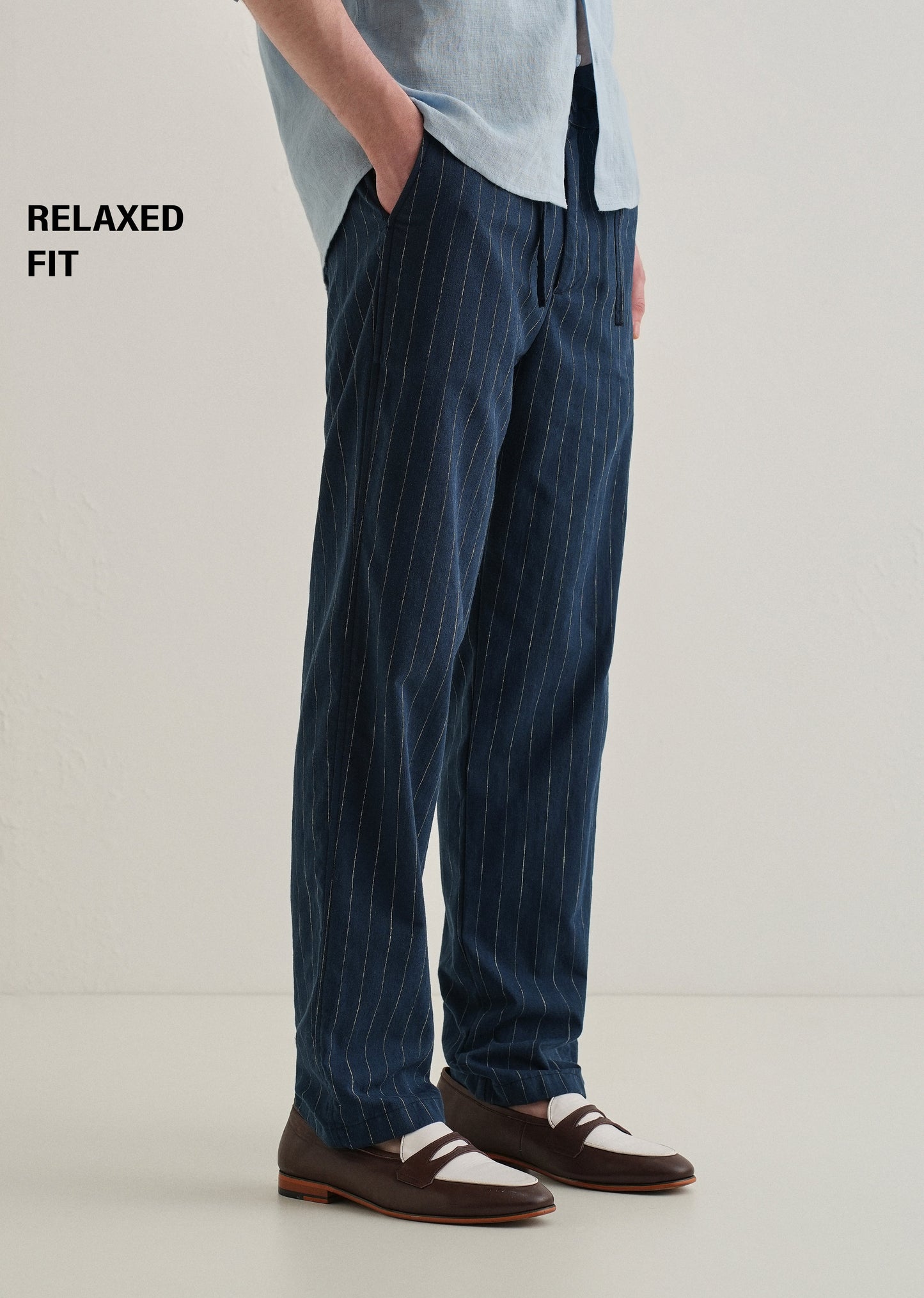 Navy Blue Stripe Relaxed Linen Trouser
