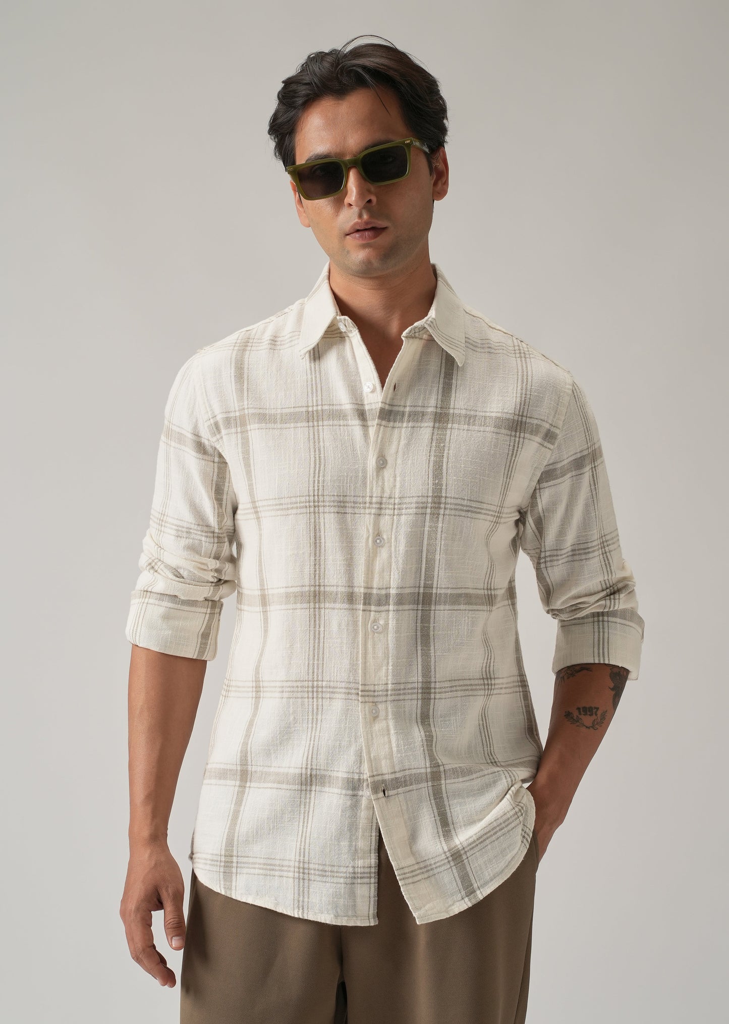Off White Cotton Linen Check shirt