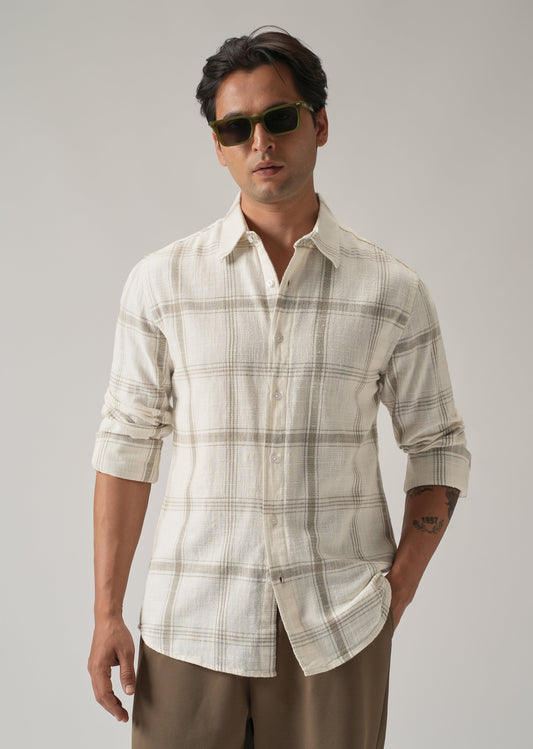 Off White Cotton Linen Check shirt