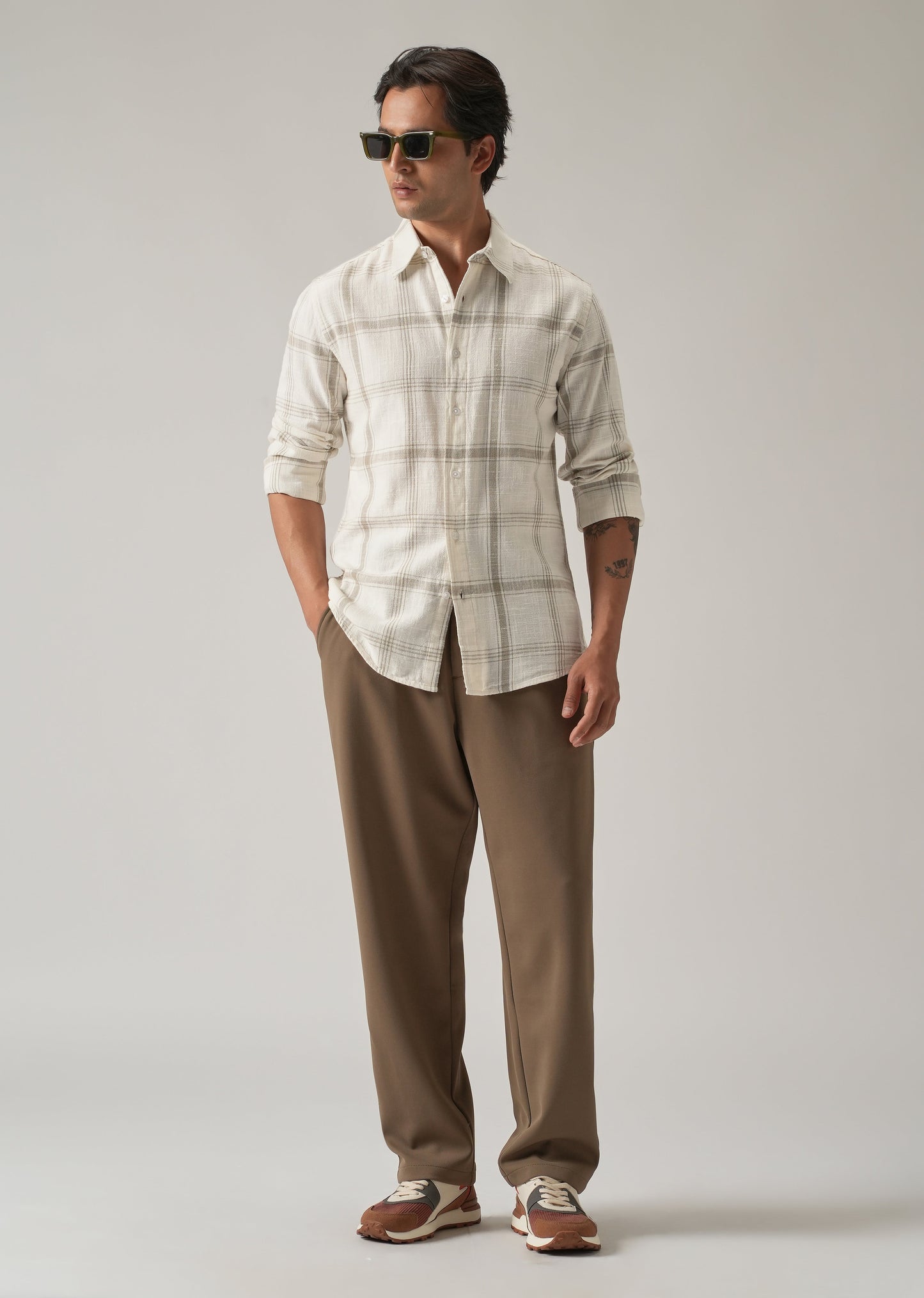 Off White Cotton Linen Check shirt