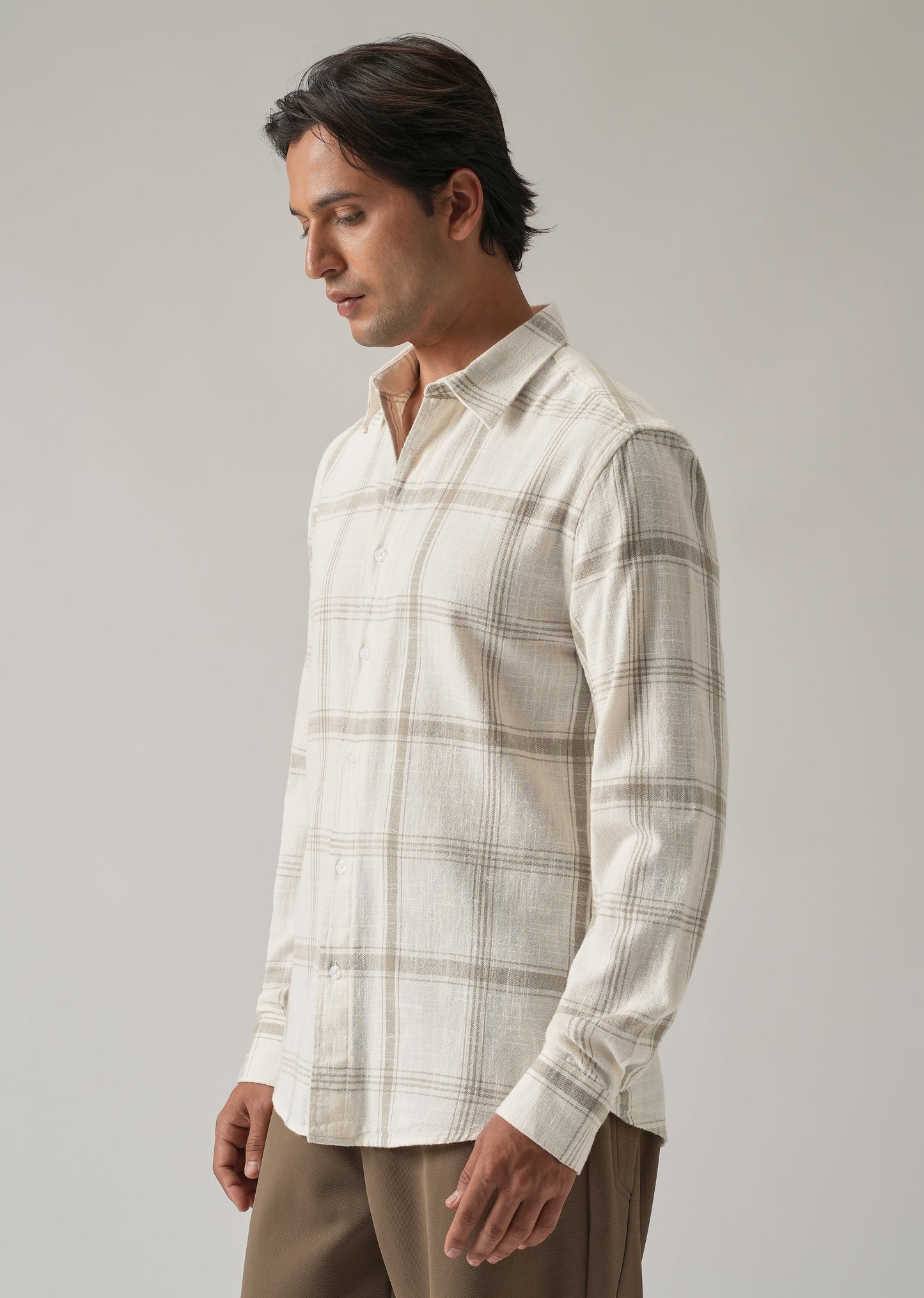 Off White Cotton Linen Check shirt