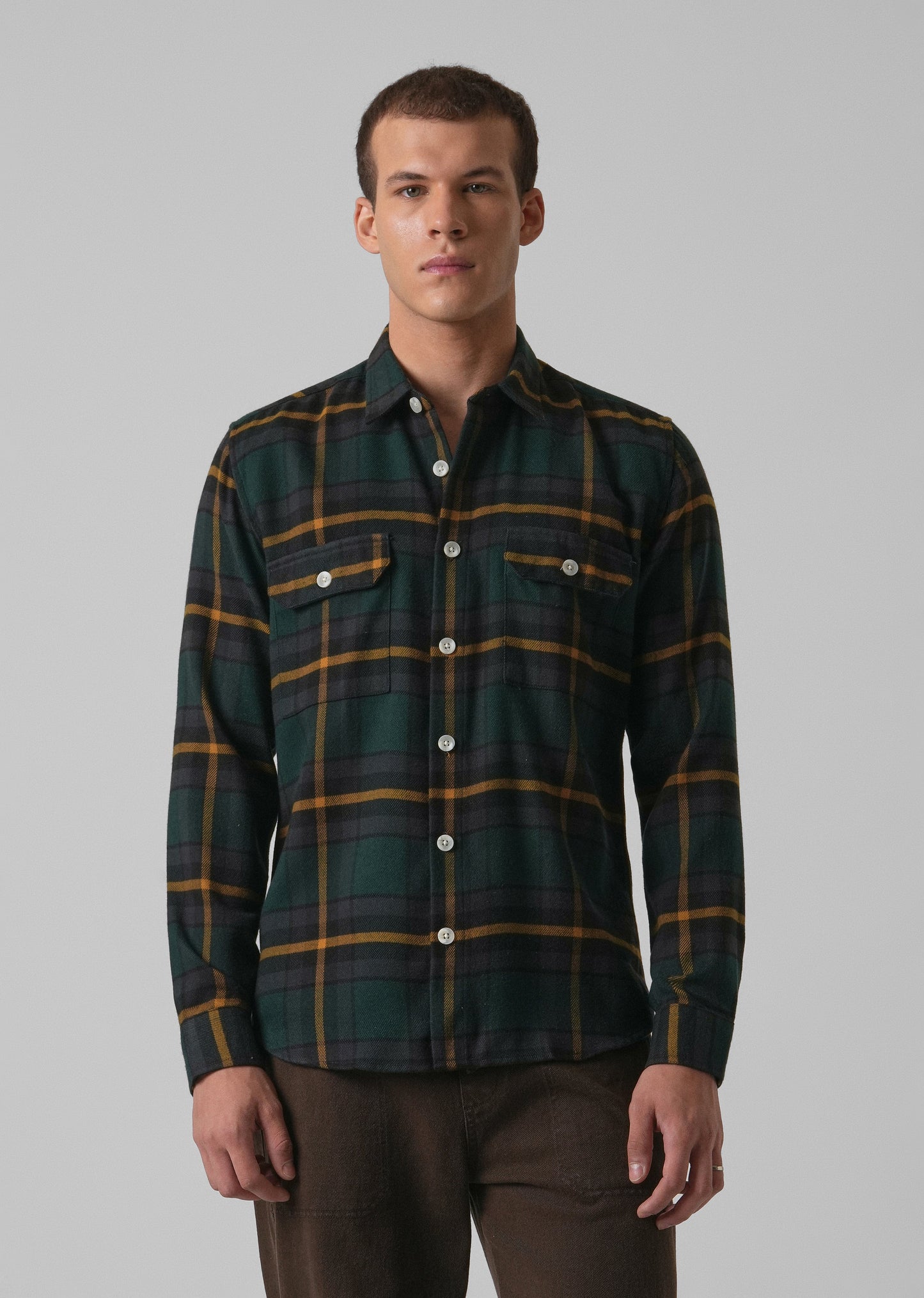 Olive Green Brushed Cotton Check Shirt