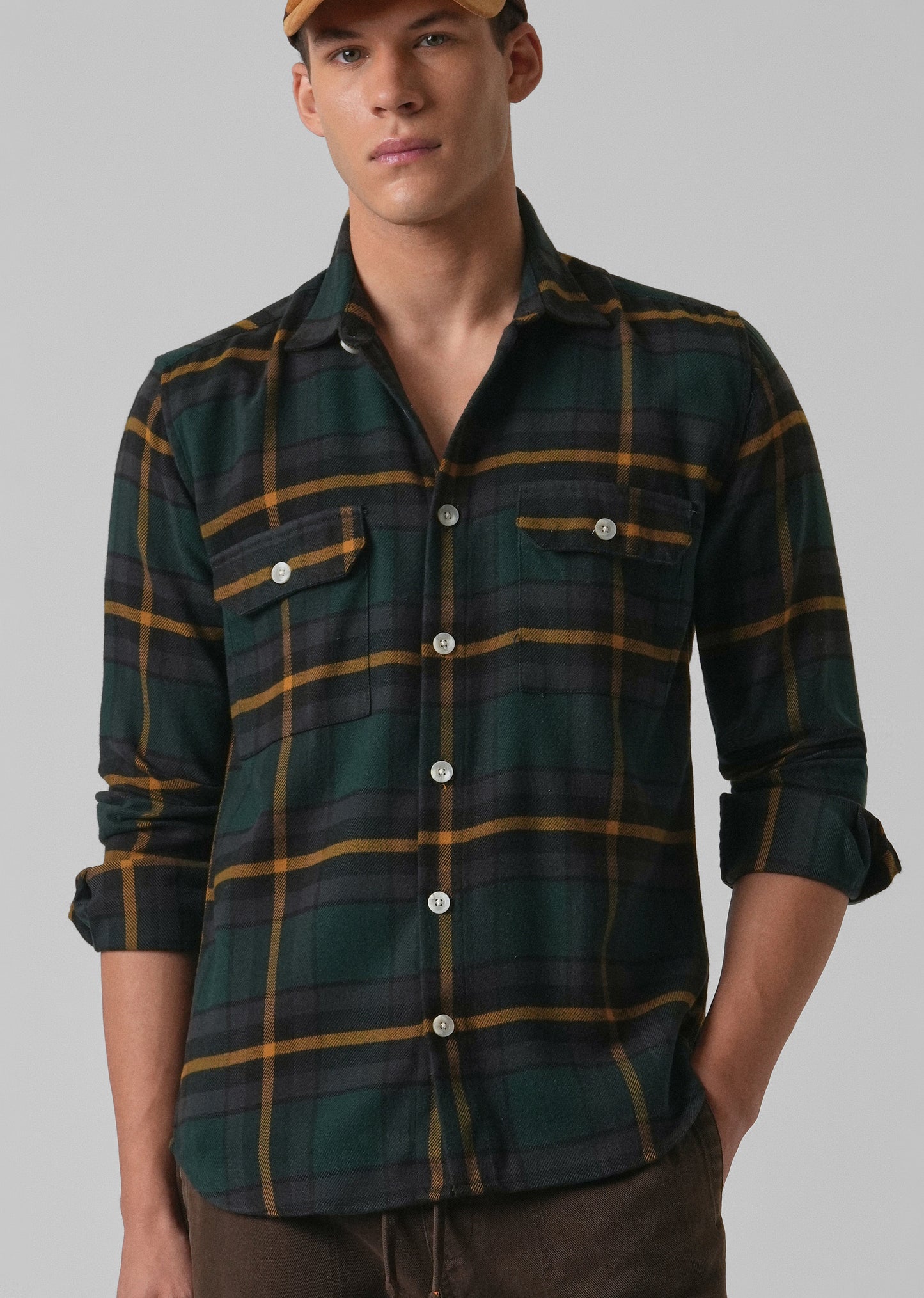 Olive Green Brushed Cotton Check Shirt